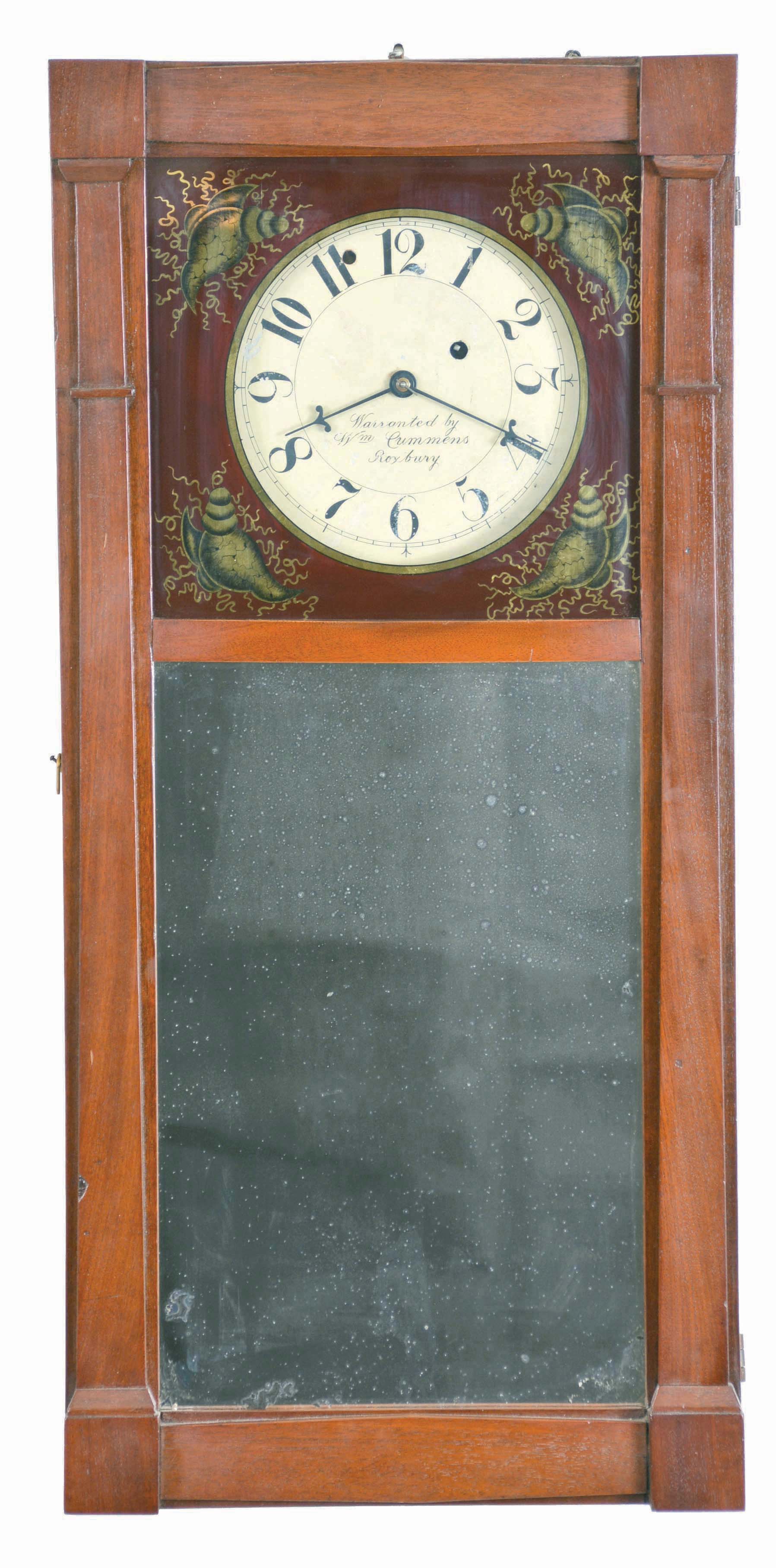 New Hampshire style mirror wall clock with 8 day, time only, weight driven, brass movement in a mahogany case with reverse painted tablet and mirror. — Antique Clocks Price Guide