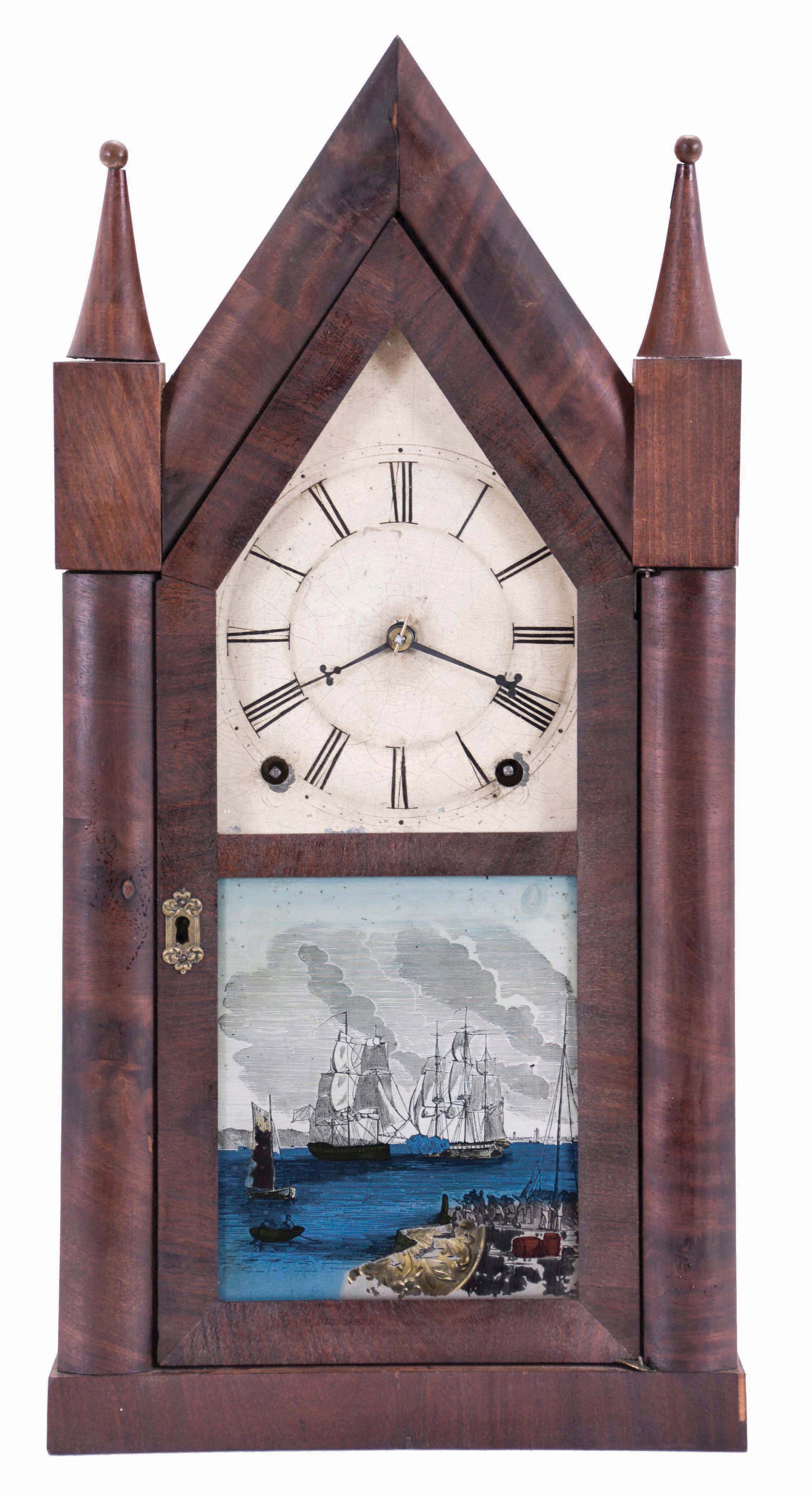 Terry &amp; Andrews, Bristol, Conn., 8 day, time and strike, spring driven movement Sharp Gothic or steeple clock with brass springs. — Antique Clocks Price Guide