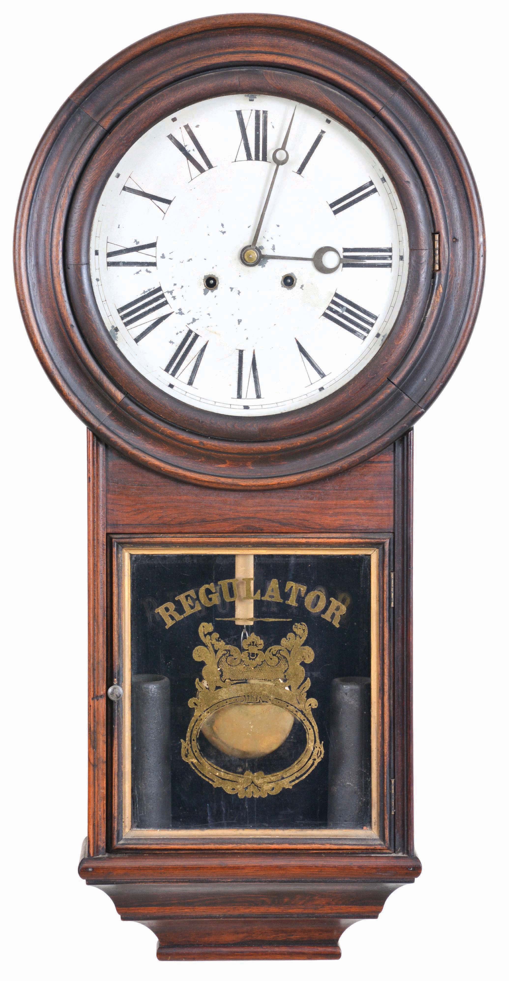 Welch, Spring &amp; Co., Forestville, Conn., "Regulator No. 3", 8 day, weight brass wall timepiece. — Antique Clocks Price Guide