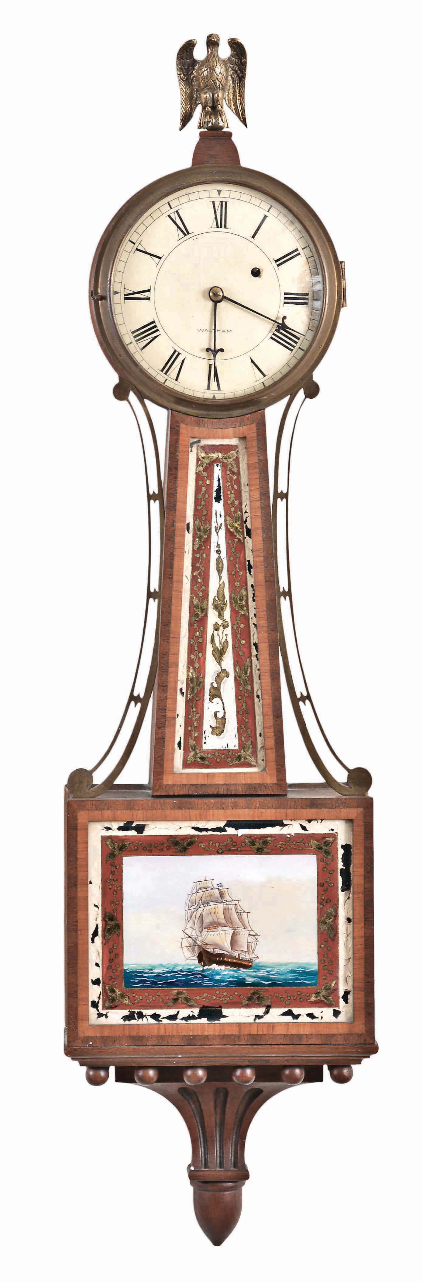 Waltham Watch Co., Waltham, Mass., 8 day, weight brass movement patent or banjo timepiece. — Antique Clocks Price Guide