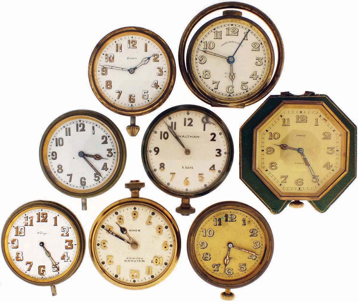 Clocks- 8 (Eight) Automobile and Travel: Swiss and American, by Waltham, Eterna, Concord, Octava, and others — Antique Clocks Price Guide