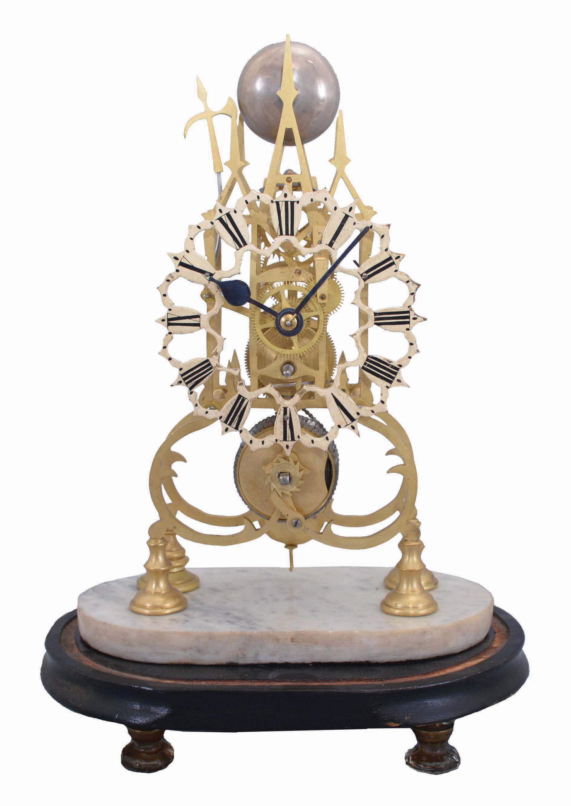 England, 3 spire Gothic frame, single chain fusee brass skeleton clock, with eight day, passing hour single bell strike, fretted roman numeral dial, all on a marble stand and wooden pedestal, lacking a dome. — Antique Clocks Price Guide