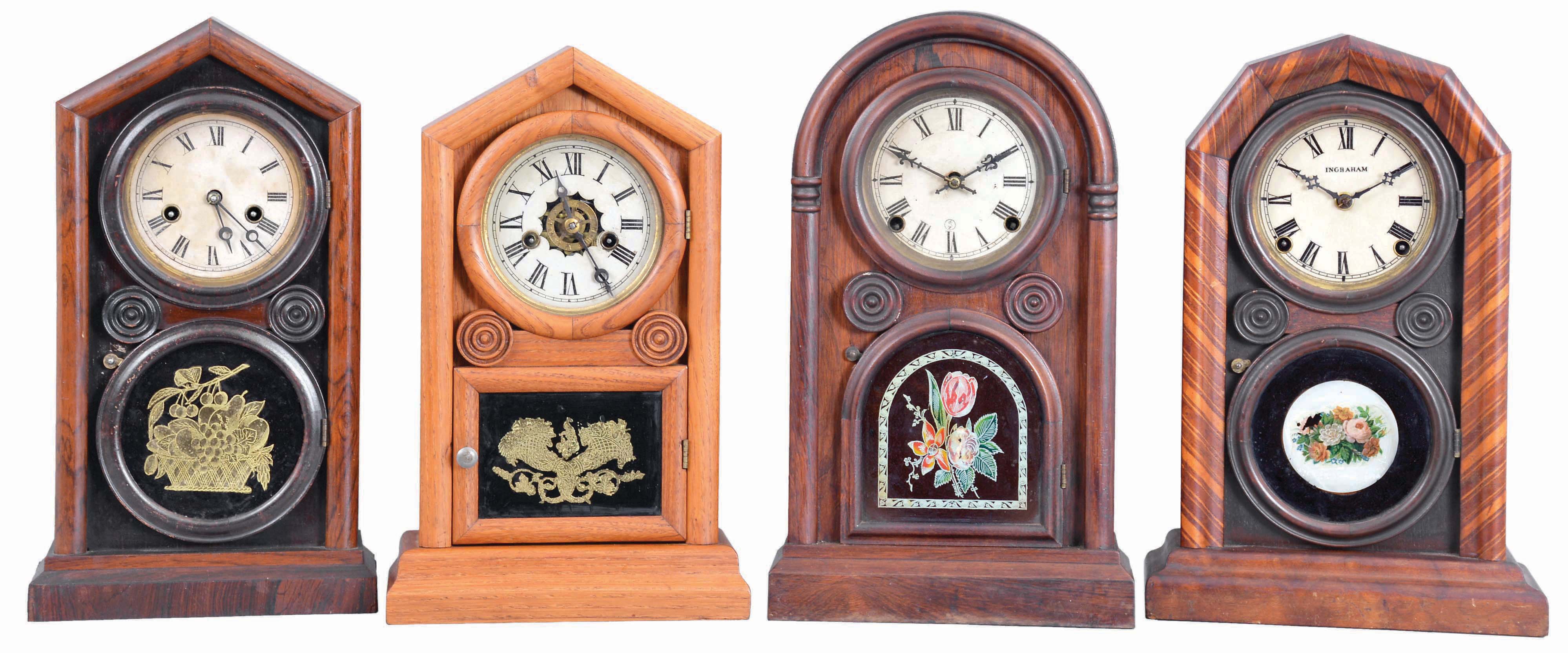 Clocks- 4 (Four): (1) E. Ingraham &amp; Co., Bristol, Conn., "Doric" shelf clock with a spring driven 30 hour time and strike movement in a rosewood veneered case, c1880; (2) E. Ingraham &amp; Co., Bristol, Conn., "Octagon Doric Mosaic" shelf clock with a spring driven, 8 day, time and strike movement in a mahogany veneered case, c1880. (3) E. N. Welch Mfg. Co., Forestville, Conn., unidentified model shelf clock with a spring driven 30 hour time, strike and alarm movement in an oak case, c1860. (4) Noah Pomeroy, Bristol, Conn., unidentified model shelf clock with a spring driven, 8 day, time and strike movement in a rosewood veneered case, c1870. — Antique Clocks Price Guide