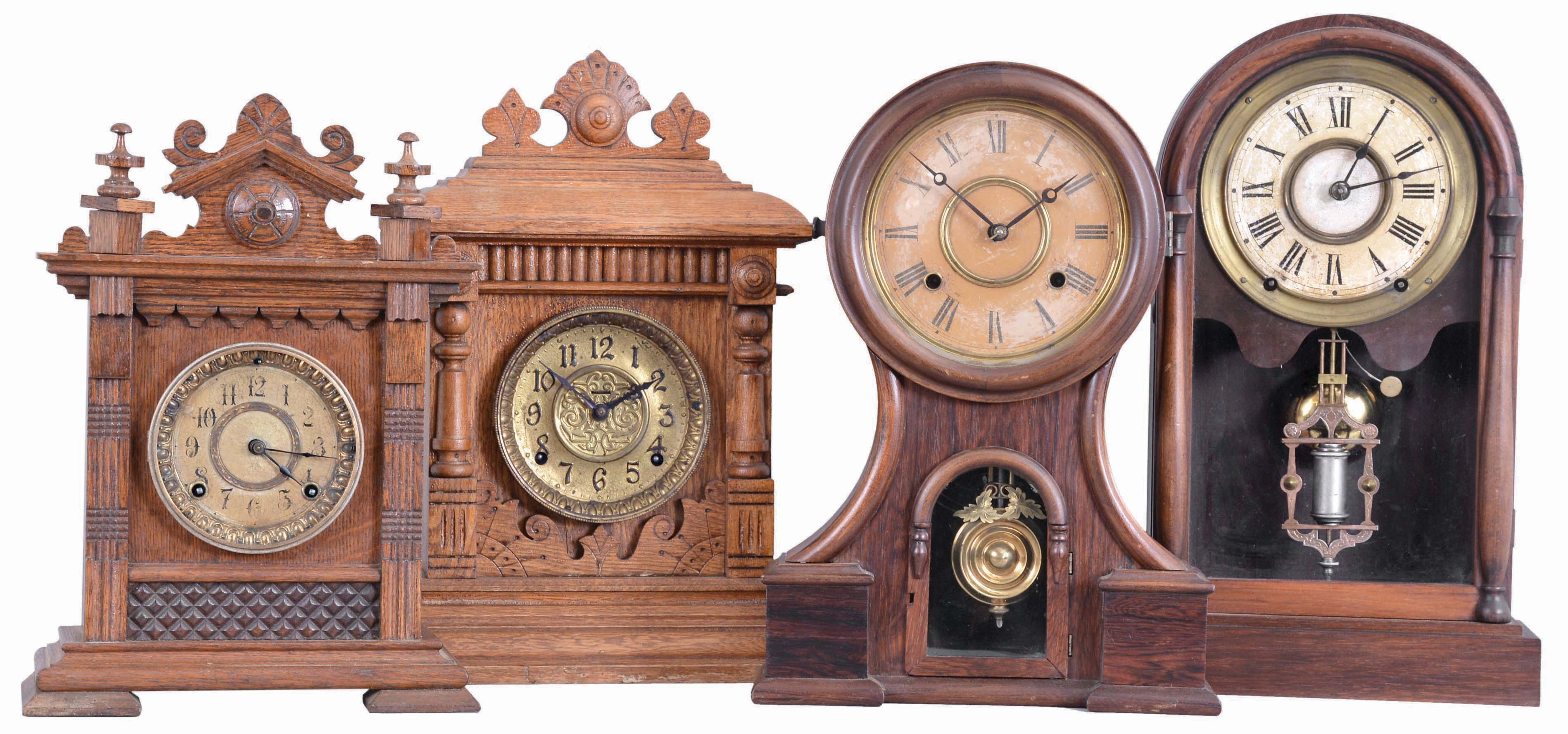 Clocks- 4 (Four): (1) Ansonia Clock Co., New York, "Salem" cabinet shelf clock with a spring driven, 8 day, time and strike movement in a solid oak case, c1894; (2) E. Ingraham &amp; Co. unidentified model cabinet shelf clock with a spring driven, 8 day, time and strike movement in a solid oak case, c1893. (3) E, Ingraham &amp; Co., Bristol, Conn., "Huron" shelf clock with a spring driven, 8 day, time and strike movement in a rosewood veneered case, c1880. (4) Unidentified shelf clock with an Seth Thomas spring driven, 8 day, time and strike movement in a rosewood veneered case, c1885. — Antique Clocks Price Guide