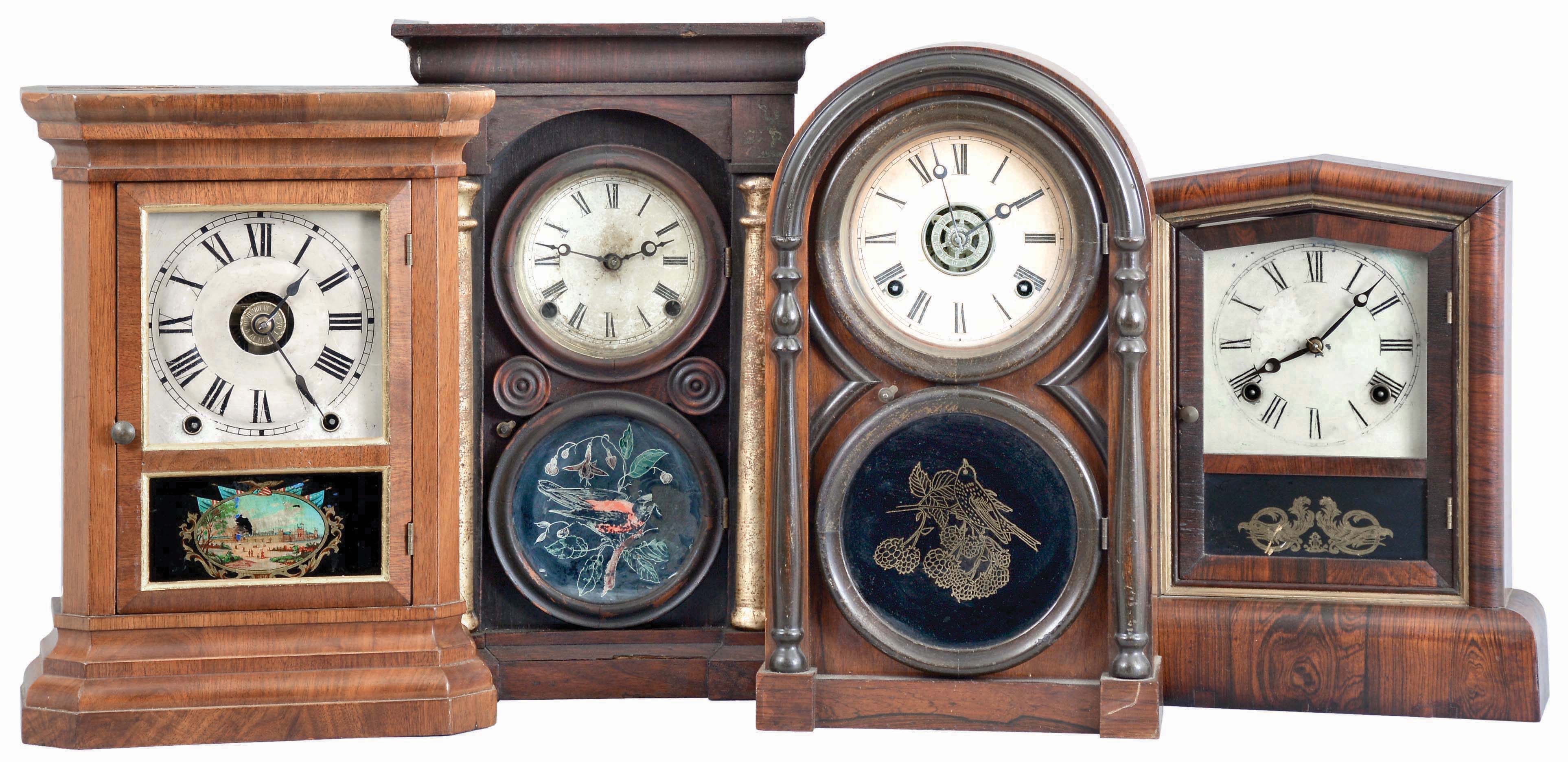 Clocks- 4 (Four): (1) Seth Thomas Clock Co., Thomaston, Conn., "St. Louis" shelf clock with a spring driven, 8 day time, strike and alarm movement in a walnut case, c1884; (2) Welch, Spring &amp; Co., Forestville, Conn., "Peerless" shelf clock with a spring driven, 8 day, time and strike movement in a rosewood veneered case, c1872. (3) Atkins Clock Co., Bristol, Conn., "Round Top #2" shelf clock with a spring driven, 8 day time, strike and alarm movement in a rosewood veneered case, c1873. (4) E. Ingraham &amp; Co., Bristol, Conn., "Arch Column No. 1" shelf clock with a spring driven, 8 day, time and strike movement in a rosewood veneered case, c1865. — Antique Clocks Price Guide