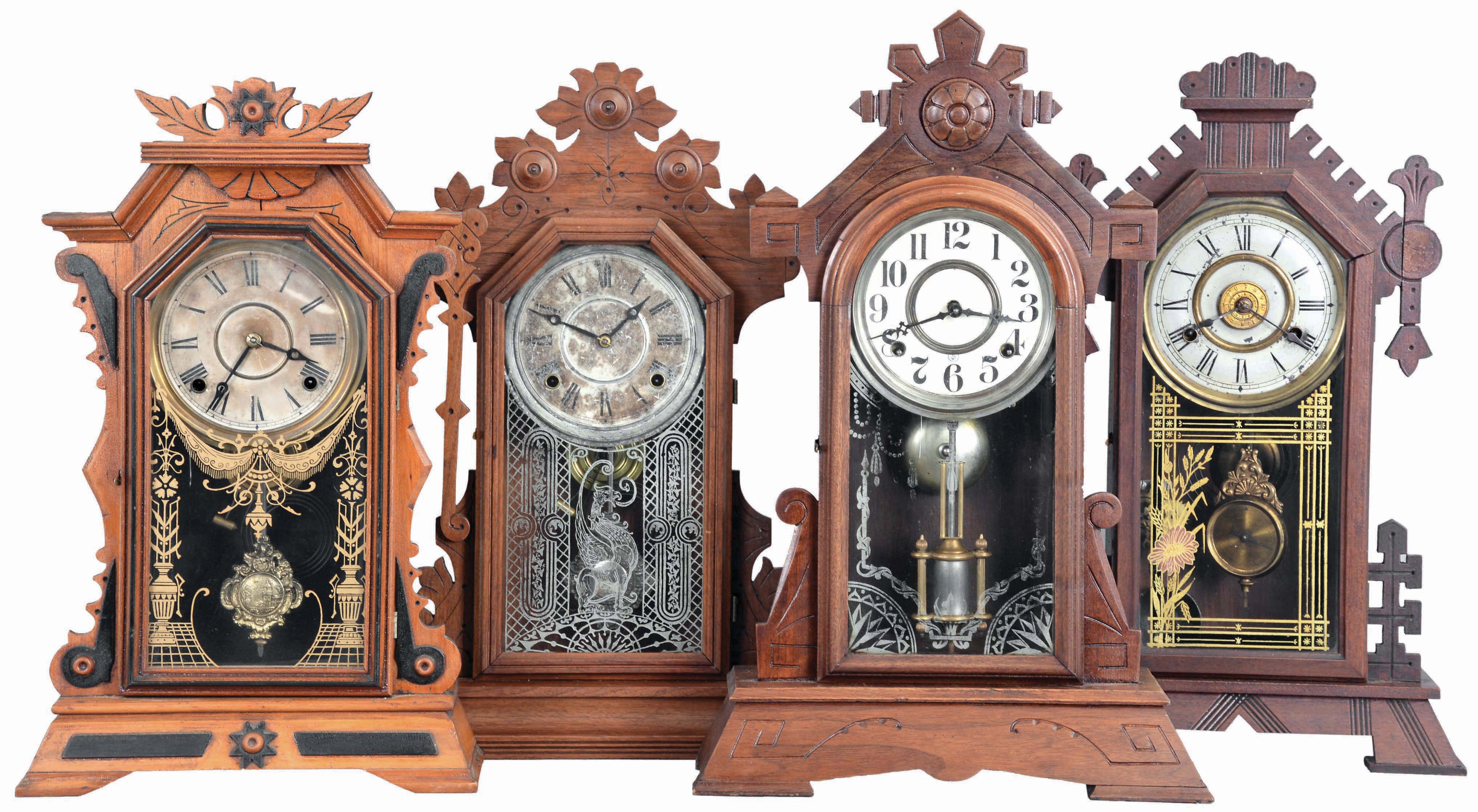 Clocks- 4 (Four): (1) E. Ingraham &amp; Co., Bristol, Conn., "Faultless" shelf clock with a spring driven, 8 day, time and strike movement in a light wood case with black ornaments, c1884; (2) New Haven Clock Co., New Haven, Conn., "Euphrates" shelf clock with a spring driven, 8 day time, strike and alarm movement in a black walnut case, c1885. (3) E. Ingraham Clock Co., unidentified shelf clock with a spring driven, 8 day, time and strike movement in a walnut case, c1885. (4) Gilbert Clock Co., Winsted, Conn., "Nereid" shelf clock with a spring driven, 8 day, time and strike movement in a walnut case, c1881. — Antique Clocks Price Guide