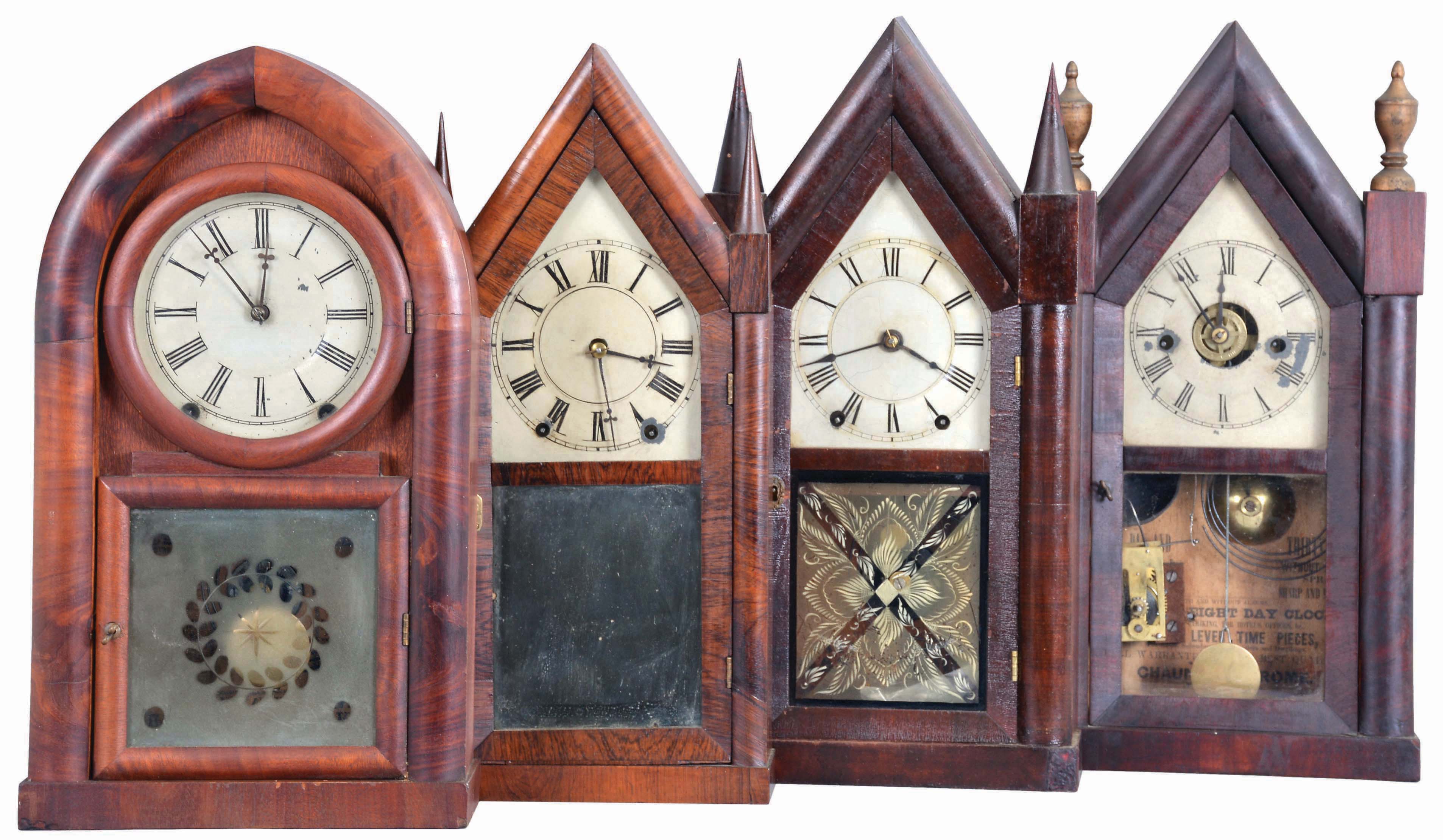 Clocks- 4 (Four): (1) Brewster &amp; Ingrahams, Bristol, Conn., Steeple shelf clock with a spring driven 30 hour time and strike movement (iron back plate) in a mahogany veneered case, c1850; (2) Chauncey Jerome, New Haven, Conn., Steeple shelf clock with a spring driven 30 hour time, strike &amp; alarm movement in a mahogany veneered case, c1845. (3) Brewster &amp; Ingrahams, Bristol, Conn., Steeple shelf clock with a spring driven 30 hour time and strike movement in a rosewood veneered case, c1850. (4) Daniel Pratt &amp; Sons, Reading, Mass., "Beehive" shelf clock with a spring driven, 8 day, time and strike movement in a mahogany veneered case, c1855. — Antique Clocks Price Guide