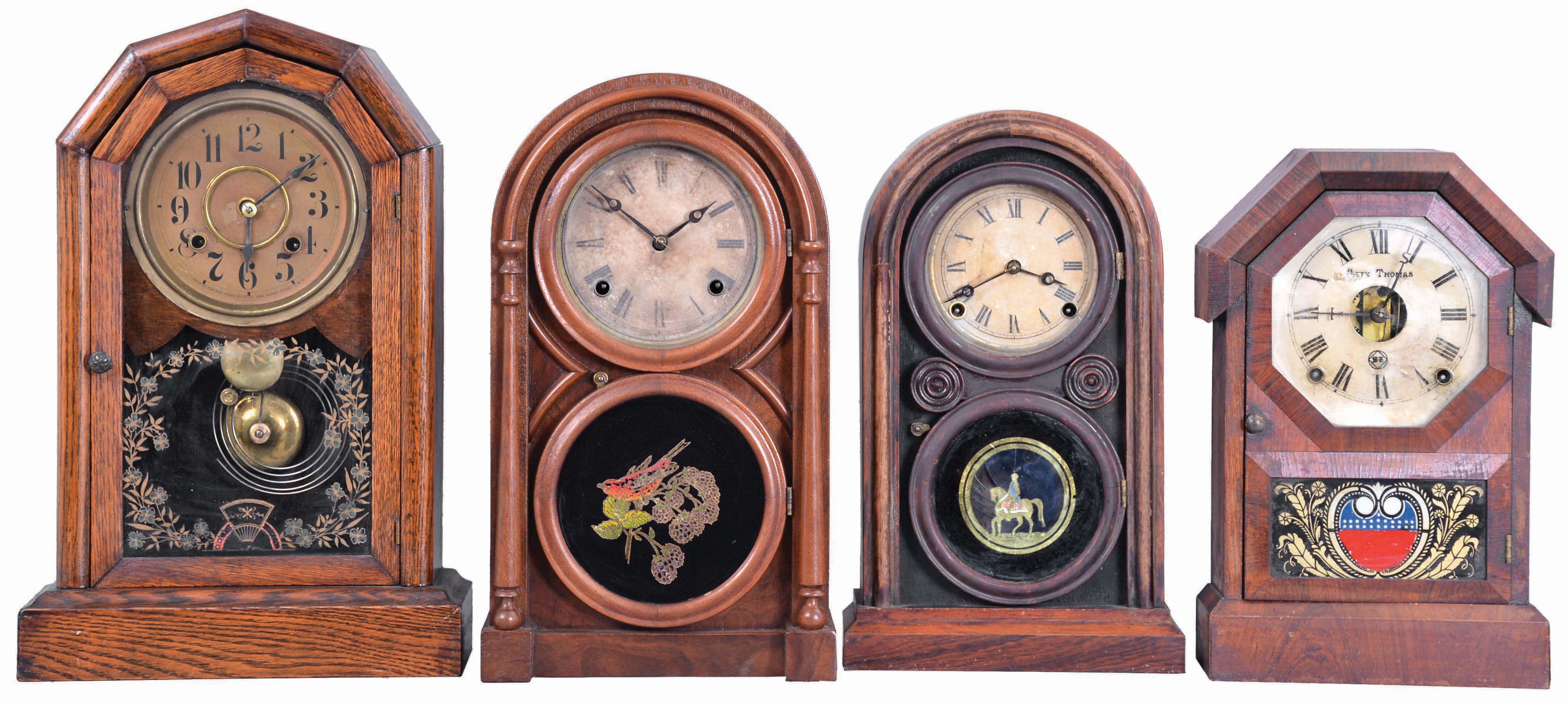Clocks- 4 (Four): (1) Seth Thomas Clock Co., Plymouth Hollow, Conn., "Octagon Top" shelf clock with a spring driven, 8 day, time and strike lyre movement in a rosewood veneered case, c1865; (2) E. Ingraham &amp; Co., Bristol, Conn., "Venetian" shelf clock with a spring driven, 8 day time &amp; strike movement in a rosewood veneered case, c1875. (3) Atkins Clock Co., Bristol, Conn., "Round Top" shelf clock with a spring driven, 8 day, time and strike movement in a mahogany veneered case, c1875. (4) New Haven Clock Co., New Haven, Conn., "No. 254" shelf clock with a spring driven, 8 day, time and strike movement in an oak case, c1890. — Antique Clocks Price Guide