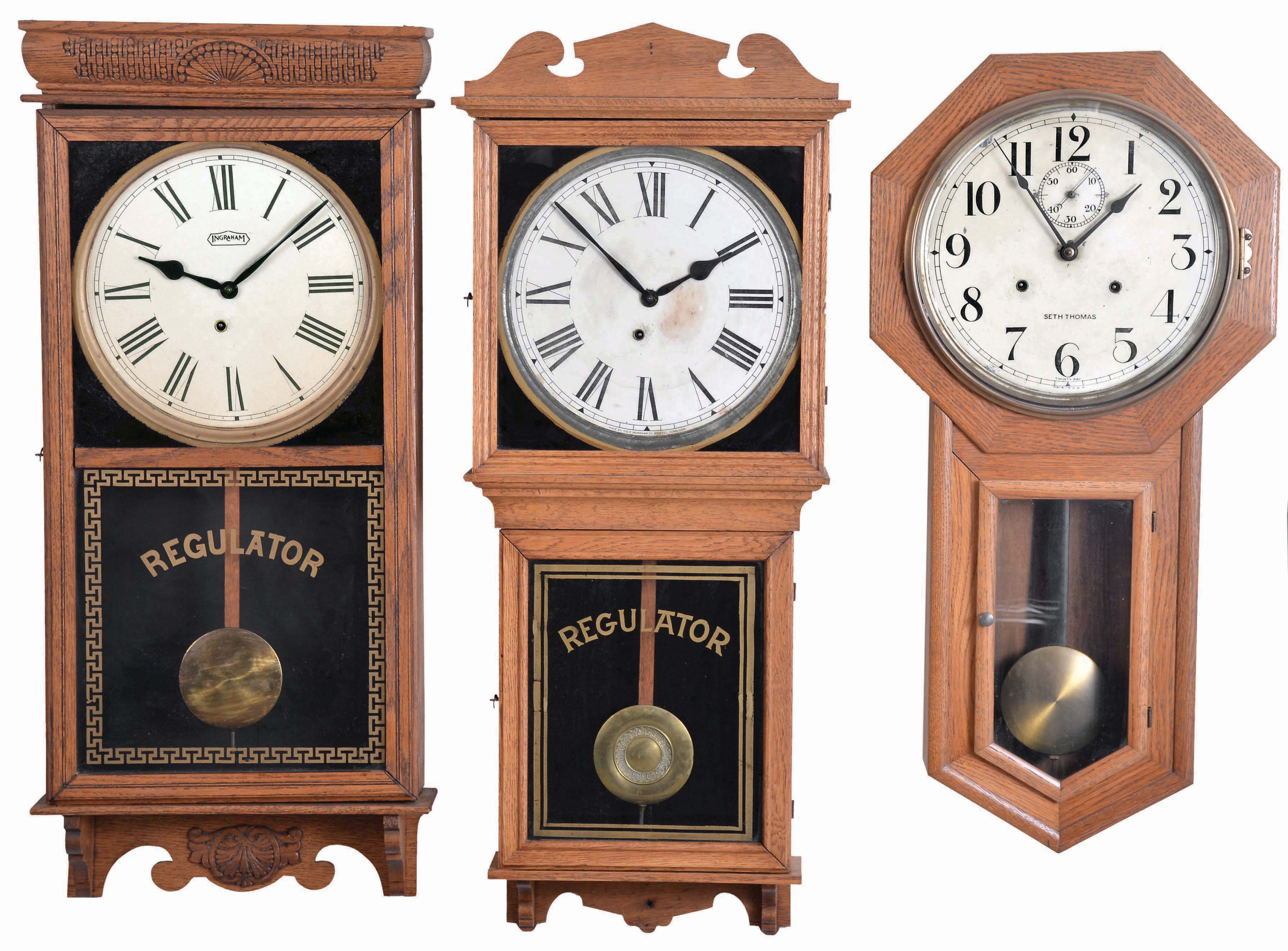 Clocks- 4 (Four): (1) E. Ingraham Co., Bristol, Conn., "Western Union" hanging clock with a spring driven, 8 day timepiece movement in a solid oak case, c1905; (2) E. Ingraham Co., Bristol, Conn., "Reliance" hanging clock with a spring driven, 8 day timepiece movement in a solid oak case, c1911; (3) Seth Thomas Clock Co., Thomaston, Conn., "World" hanging clock with a spring driven double wind 30 day timepiece movement in an oak case, c1921; (4) Bench made wall clock with E. Howard &amp; Co., NO. 5, 8 day, weight driven, time only nickel plated movement and Howard damascened pendulum bob with painted metal dial. — Antique Clocks Price Guide