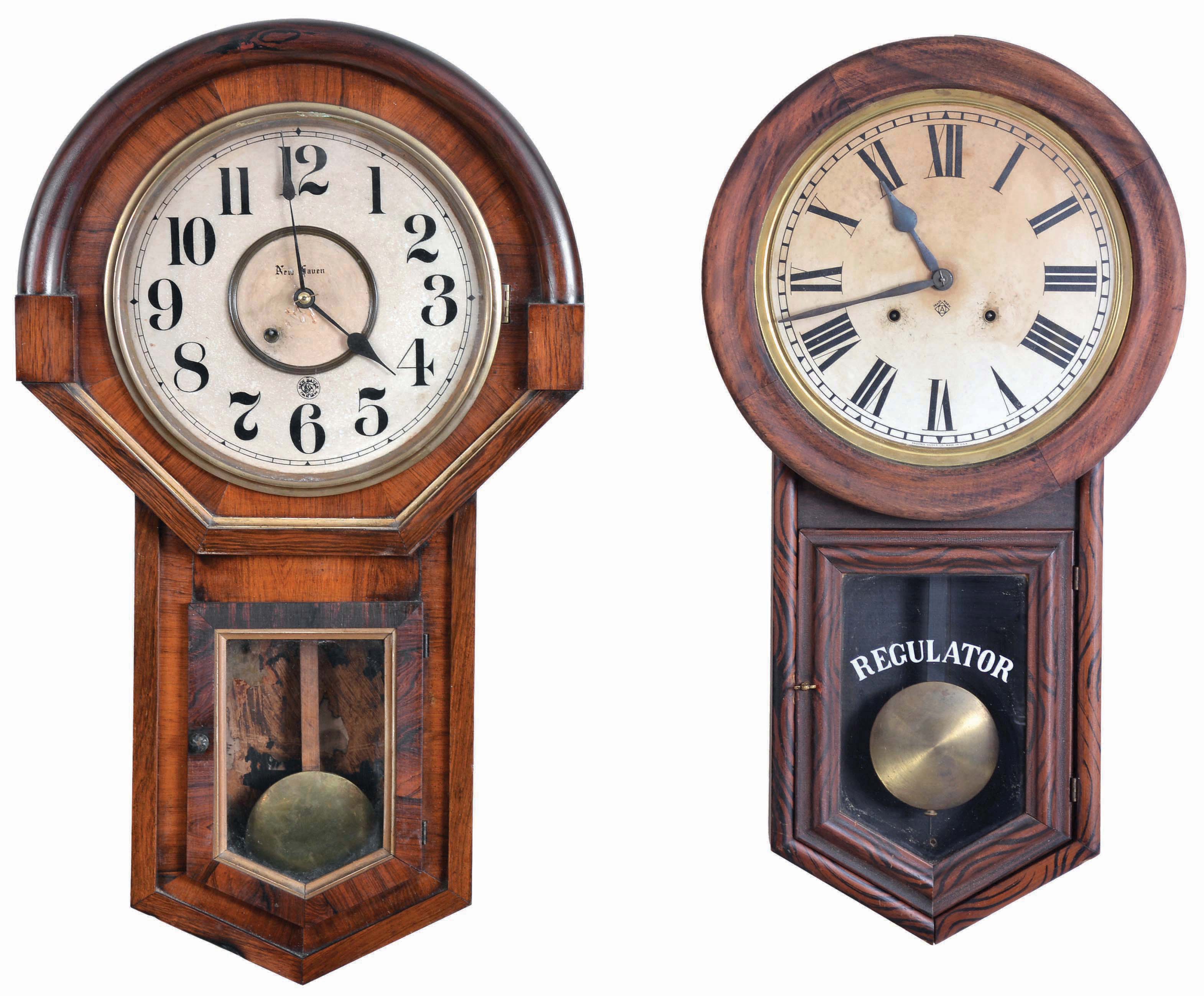 Clocks- 3 (Three): (1) Seth Thomas Clock Co., Thomaston, Conn., "Drop Octagon 12 Inch" hanging clock with a spring driven, 8 day timepiece movement in an oak case with original alternating stains to create a mosaic pattern, c1890; (2) Ansonia Clock Co., New York, unidentified regulator hanging clock in a grained wood case, c1910. (3) New Haven Clock Co., New Haven, Conn., "Imperial" hanging clock with a spring driven, 8 day, time and strike movement in a rosewood veneered case, c1883. — Antique Clocks Price Guide