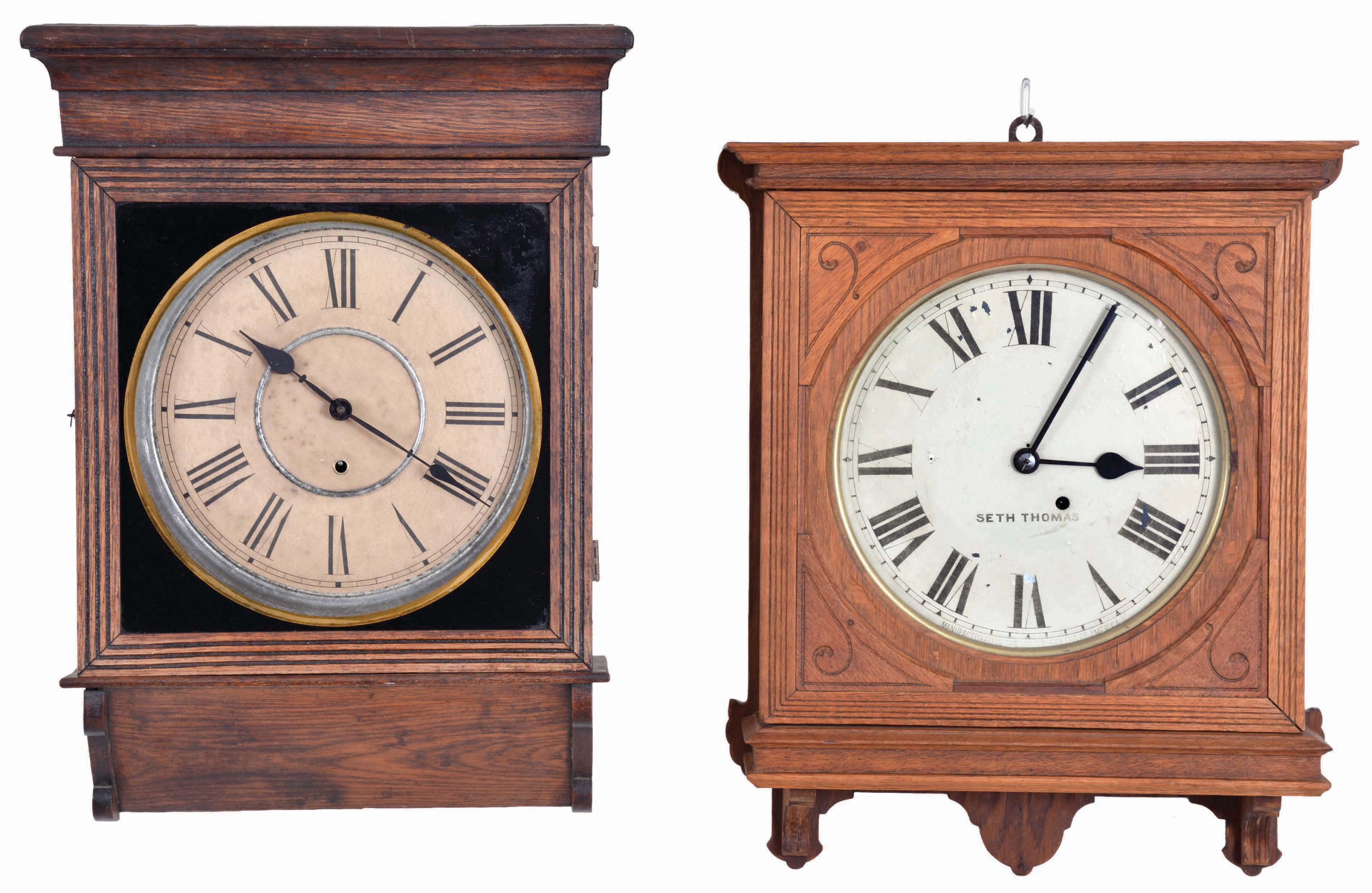 Clocks- 4 (Four): (1) Sessions Clock Co., Forestville, Conn., "Sentinel", 8 day, spring brass movement wall timepiece, c1910; (2) Seth Thomas Clock Co., Thomaston, Conn., "Office No. 5", 8 day, spring brass movement wall timepiece, c1904. (3) E. N. Welch Mfg. Co., Forestville, Conn., 8 (30?) day, spring brass movement unidentified model wall timepiece, c1892. (4) Ansonia Clock Co., New York, "Fulton", 30 day, spring brass movement wall timepiece, c1914 Measurement is for the largest clock. — Antique Clocks Price Guide