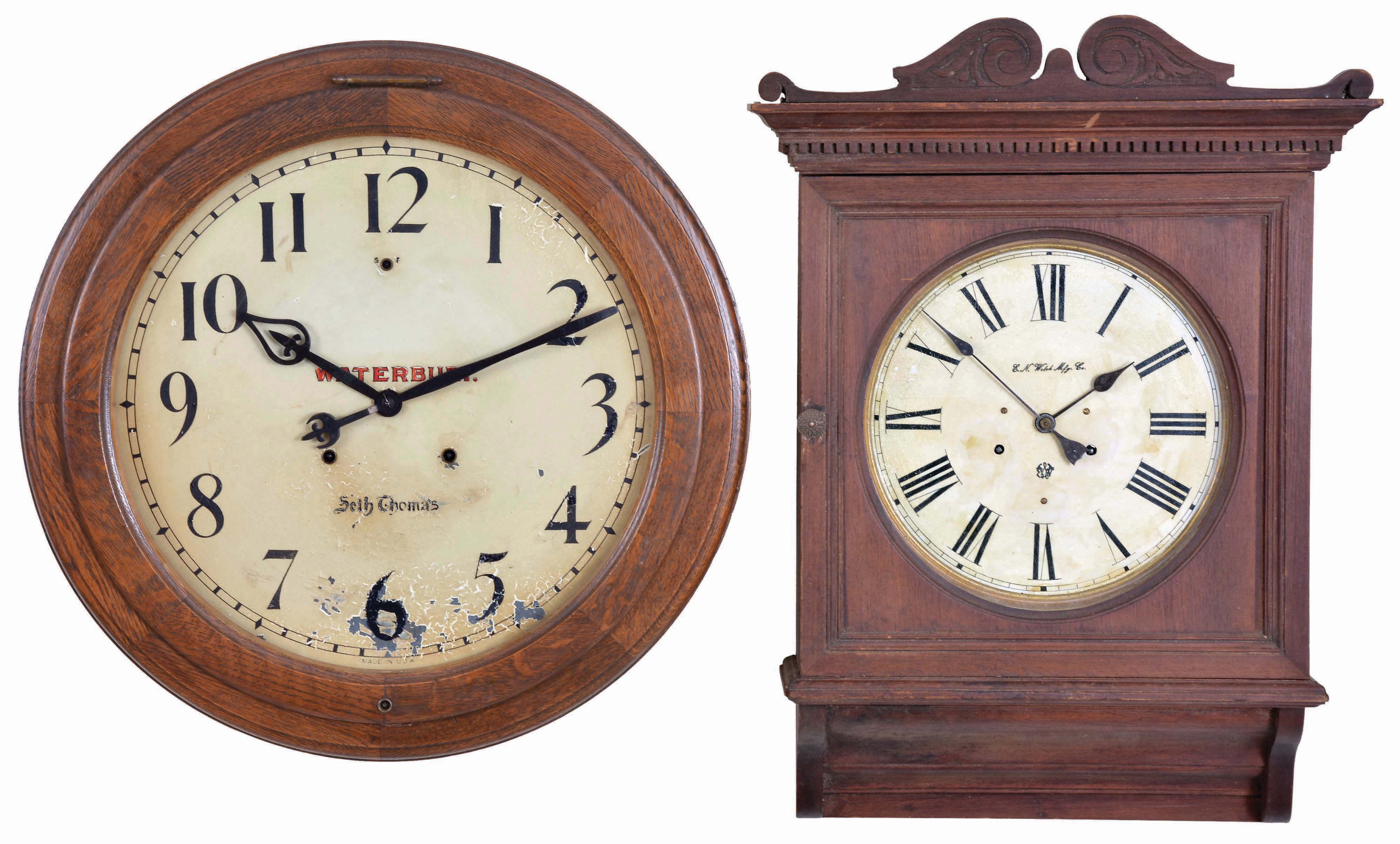 Clocks- 2 (Two): (1) Seth Thomas Clock Co., Thomaston, Conn., "18 Inch Gallery" hanging clock with a spring driven, 8 day, time and strike (large cathedral gong) movement in a solid oak case, c1900; (2) E. N. Welch Mfg. Co., Forestville, Conn. unidentified hanging clock with a spring driven double wind timepiece movement (possibly 30 day) in a darkly stained wood case, c1900. Note: The larger dimensions are for clock number 2. — Antique Clocks Price Guide