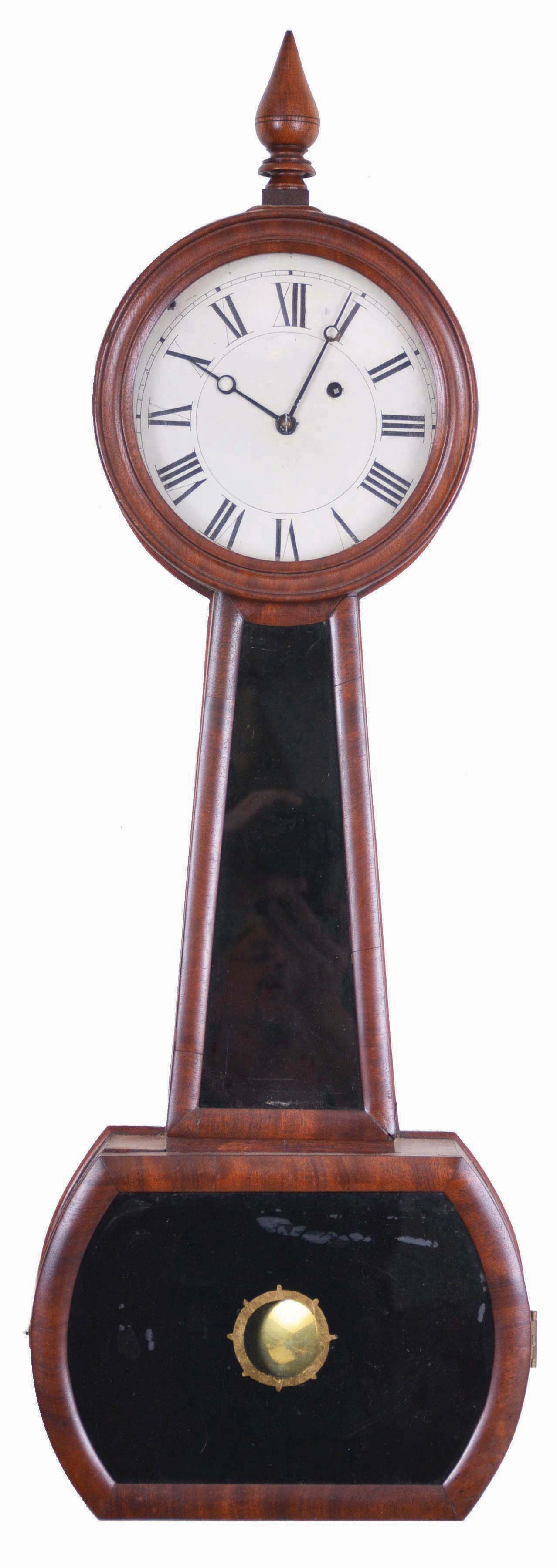 Clocks- 3 (Three) American Banjo Wall Clocks: (1) Unknown, possibly an Attleboro patent or Banjo clock or timepiece, 8 day, weight driven brass movement in a plain walnut case with painted metal dial; (2) Attributed to Horace Tifft, North Attleboro, Mass. Patent or Banjo timepiece, 8 day, weight driven, brass movement with painted metal dial in a mahogany case. (3) Daniel Pratt &amp; Sons, Reading, Mass., Banjo timepiece, 8 day, weight driven brass movement. — Antique Clocks Price Guide