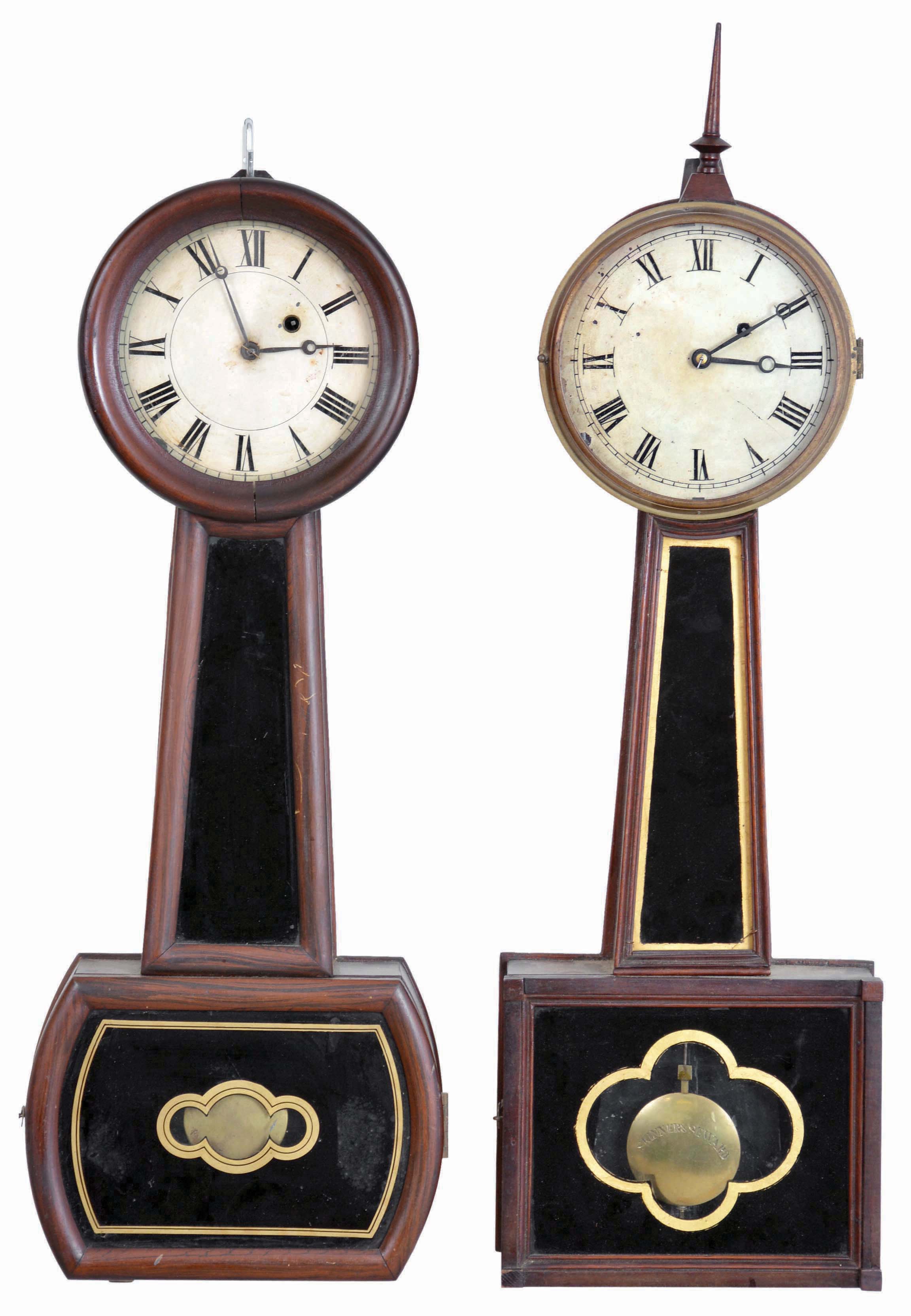 Clocks- 2 (Two): (1) Skinner &amp; Seward, Boston, Mass., 8 day, weight brass movement patent or banjo timepiece, c1832; (2) Boston, Mass., 8 day, weight brass movement patent or banjo timepiece, c1860 — Antique Clocks Price Guide