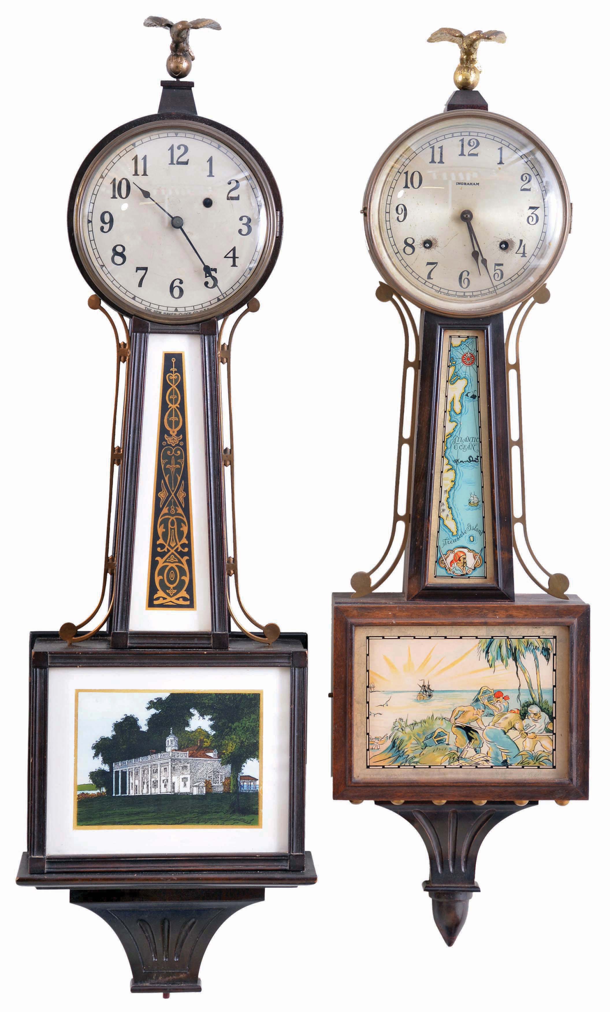 Clocks- 2 (Two): (1) E. Ingraham &amp; Co., Bristol, Conn., "Treasure", 8 day, time and strike, spring brass movement patent or banjo clock. This clock is sometime referred to as the "Treasure Island", c1930; (2) New Haven Clock Co., New Haven, Conn., "Willard", 8 day, weight brass patent or banjo timepiece, c1929. — Antique Clocks Price Guide