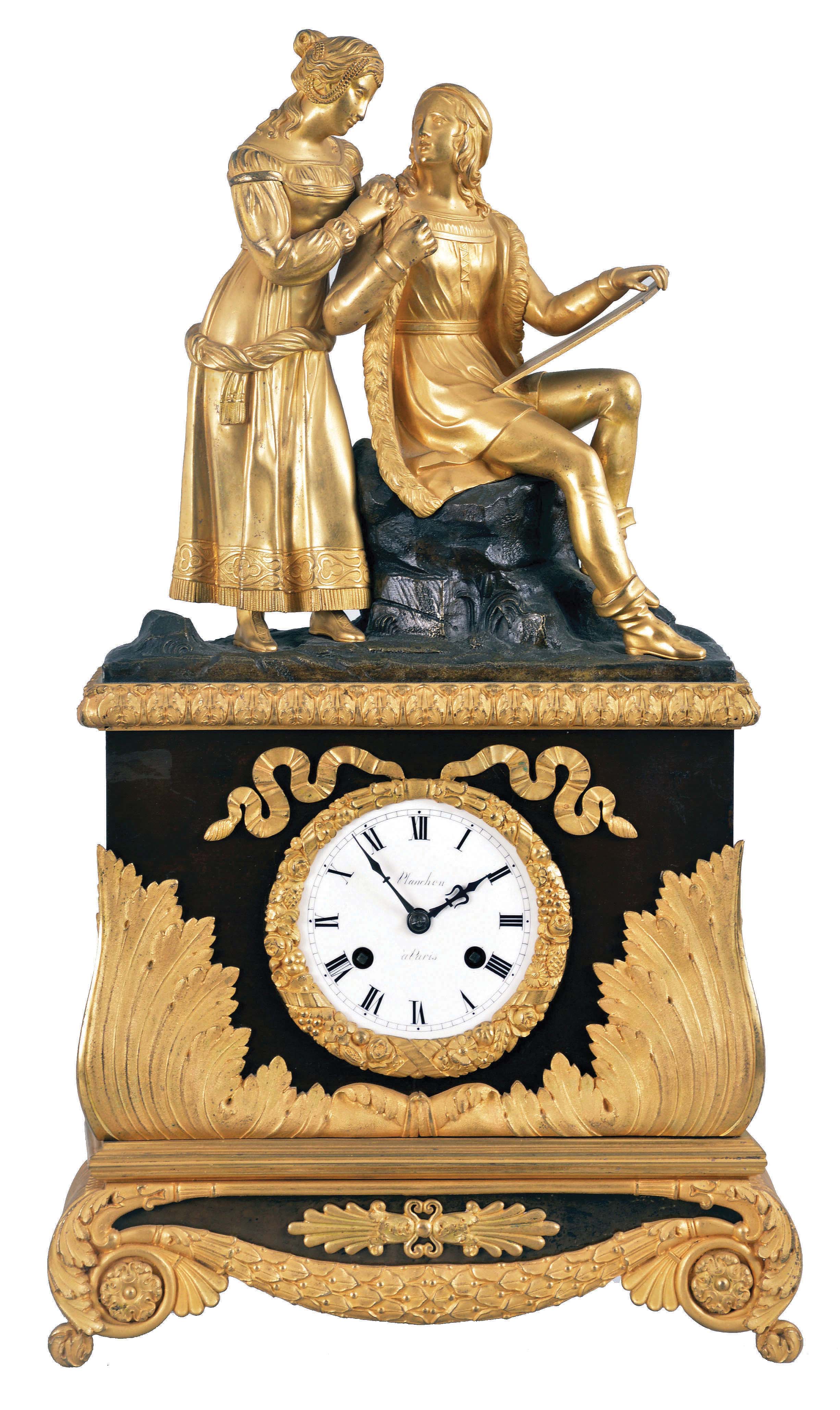 France, a gilt and patinated bronze figural mantel clock, the case in red patina, and with gilt, foliate ornament, the top with green patinated rustic landscape and gilt figures, the male figure seated on a stump, and with sketch pad or canvas, the female standing at his shoulder and admiring the work, Roman numeral white dial signed "Planchon a Paris", blued steel hands, 8 day pendule de Paris movement with silk thread suspension, signed "Pons" — Antique Clocks Price Guide