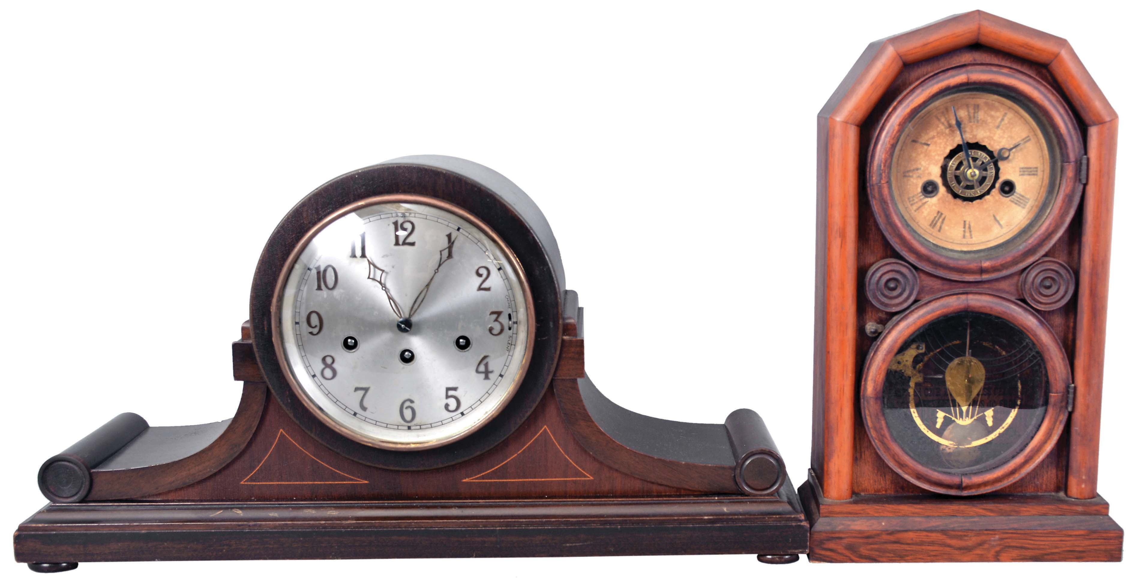 Clocks- 4 (Four) Mantel: (1) Junghans, Germany, 8 day spring driven, three train chiming mantel clock; (2) Ansonia Clock Co., NY, 8 day spring driven, time &amp; strike clock in a black iron case; (3) Ingraham, Briston, Conn., "Doric", 30 hour spring driven, time &amp; strike with alarm; (4) France, 8 day spring driven, time only mantel clock in a black marble case. — Antique Clocks Price Guide
