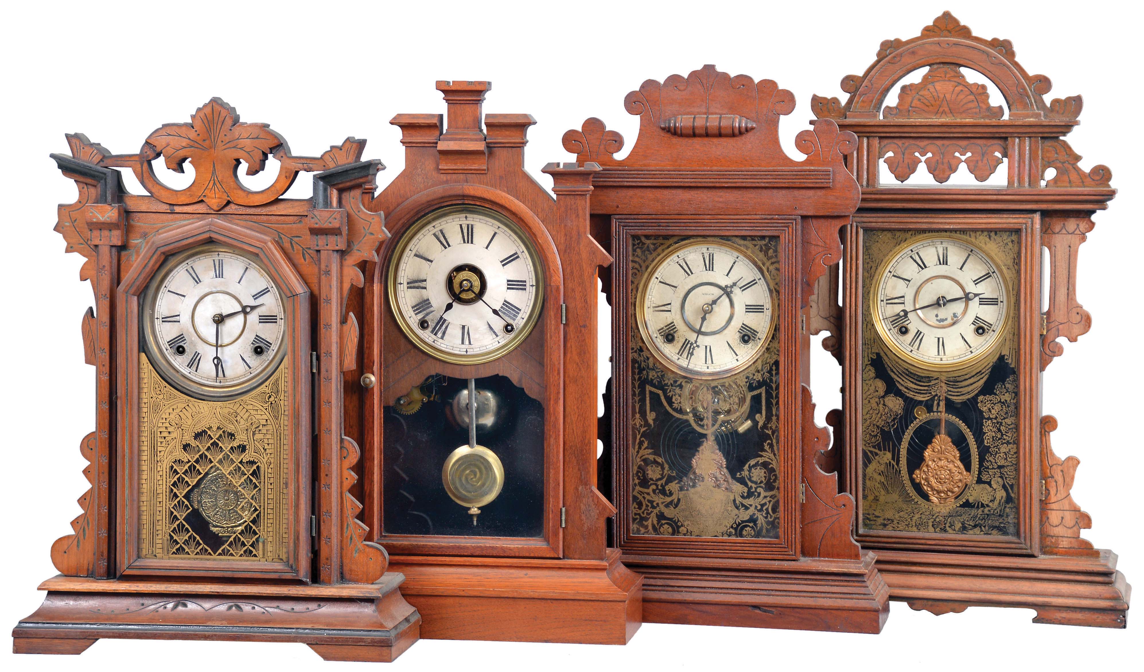 Clocks- 4 (Four): (1) E. N. Welch Mfg. Co., Forestville, Conn., "Alboni", 8 day, time and strike, spring brass movement walnut mantel clock, c1891; (2) E. N. Welch Mfg. Co., Forestville, Conn., "Donita", 8 day, time and strike, spring brass movement walnut mantel clock, c1892. (3) E. Ingraham &amp; Co., Bristol, Conn., "Paladin", 8 day, time and strike, spring brass movement mantel clock, c1884 (4) Seth Thomas Clock Co., Thomaston, Conn., "Fortress", city series, 8 day, time, strike and alarm spring brass movement walnut mantel clock, c1880. — Antique Clocks Price Guide