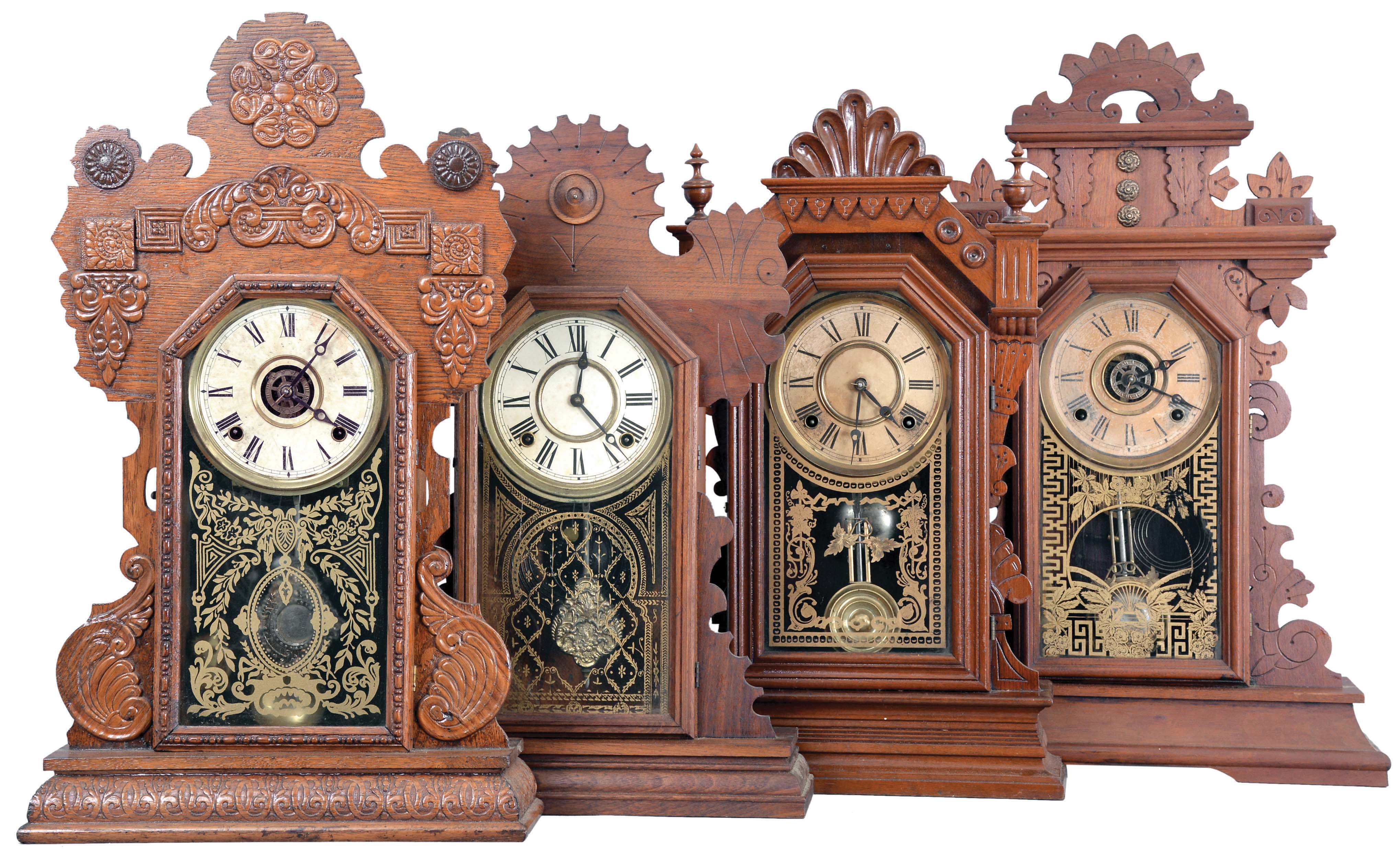 Clocks- 4 (Four): (1) E. Ingraham &amp; Co., Bristol, Conn., "Tulip", 8 day, time and strike, spring brass movement walnut mantel clock, c1895; (2) E. Ingraham &amp; Co., Bristol, Conn., "Diadem", 8 day, time and strike, spring brass movement walnut mantel clock, c1881 (3) E. Ingraham &amp; Co., Bristol, Conn., "Pansy", 8 day, time, strike spring and alarm brass movement walnut mantel clock, c1881. (4) E. Ingraham &amp; Co., Bristol, Conn., "Westminster", 8 day, time and strike, spring brass movement oak mantel clock, c1915 — Antique Clocks Price Guide