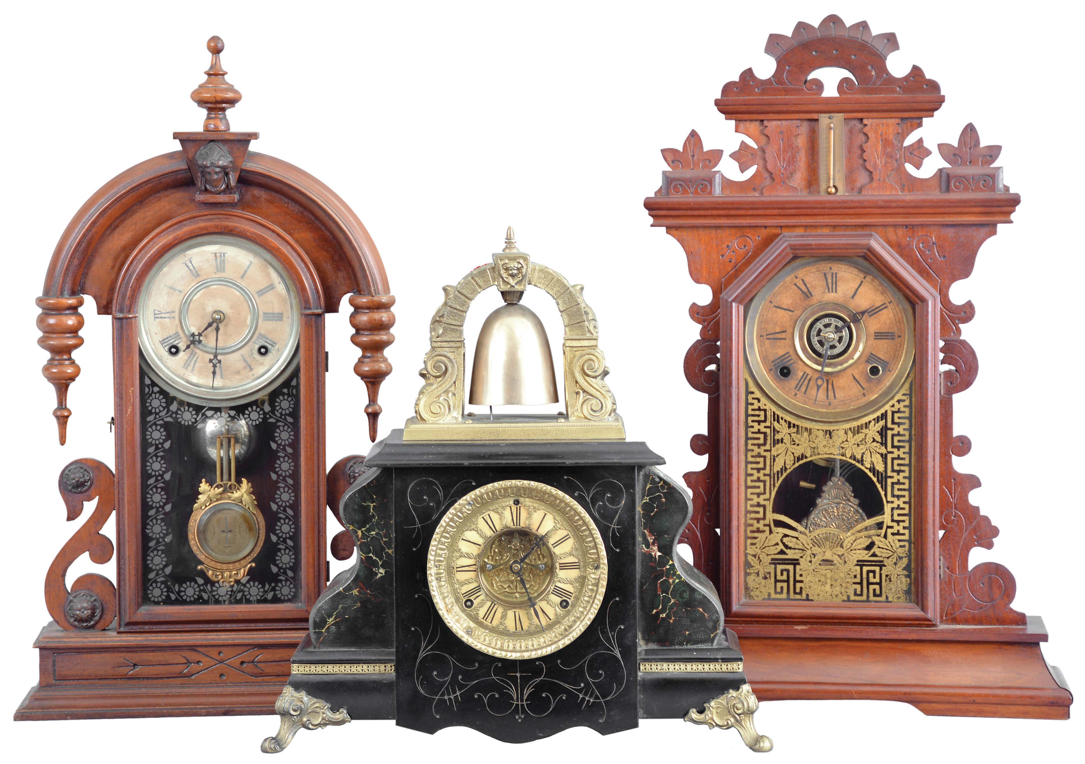 Clocks- 3 (Three): (1) F. Kroeber Clock Co., New York, "Parisian", 8 day, time and strike, spring brass movement walnut mantel clock, c1881; (2) William L. Gilbert Clock Co., Winsted, Conn., "Curfew", 8 day, time and strike, spring brass movement bell top mantel clock, c1900. (3) E. Ingraham &amp; Co., Bristol, Conn., "Pansy", 8 day, time and strike, spring brass movement walnut mantel clock, c1881. — Antique Clocks Price Guide