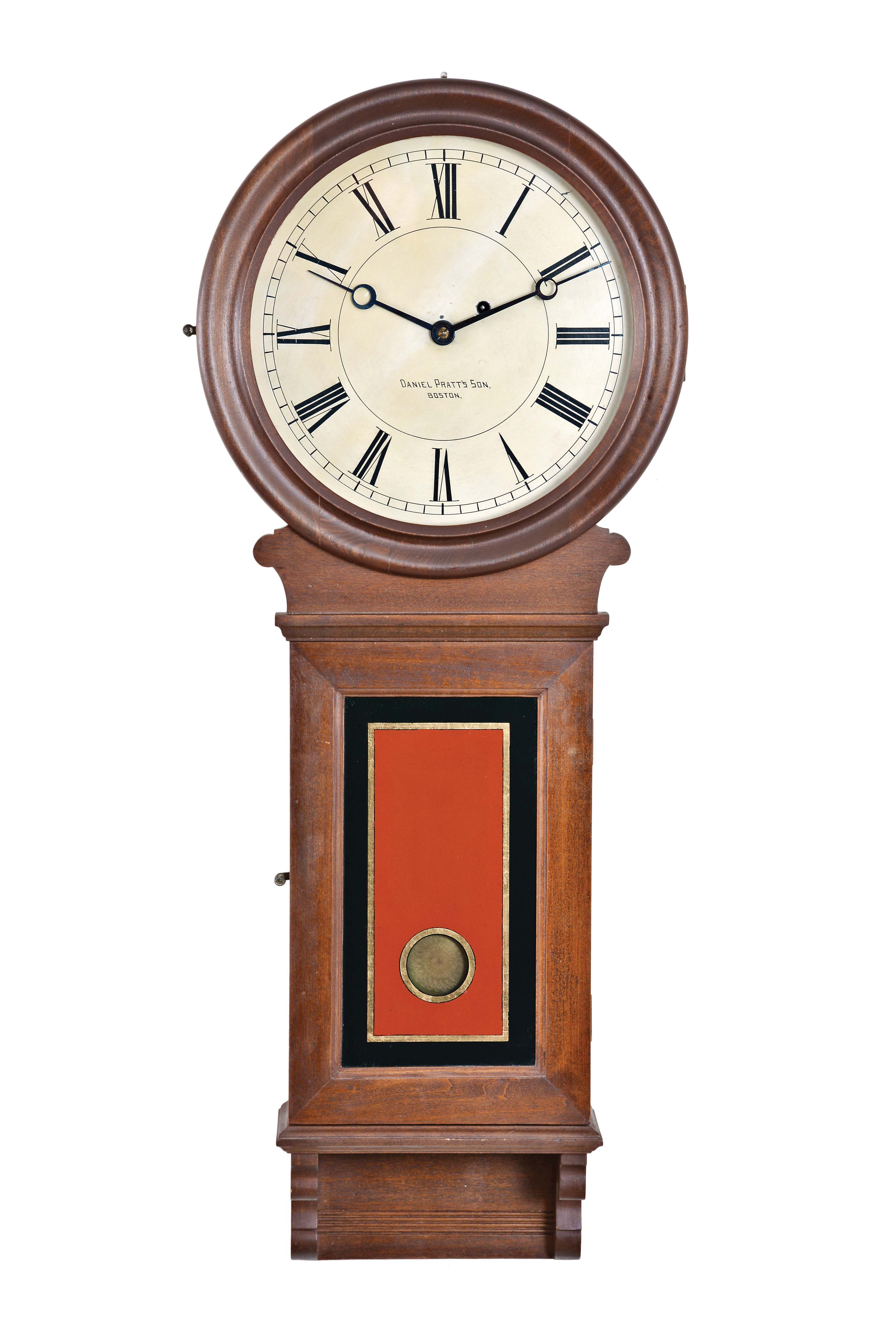 Boston Clock Company, Boston, Mass., Cherry Cased Wall Clock, with 12-inch painted zinc roman numeral dial marked by retailer "Daniel Pratt's Son/Boston", the lower glazed door for pendulum and weight access and shelf like pedestal below, eight day time only brass movement with front plate stamped "Boston Clock Co./Boston", recoil escapement, flat wooden pendulum rod, damascened pendulum bob, and iron weight with compound pulley. — Antique Clocks Price Guide