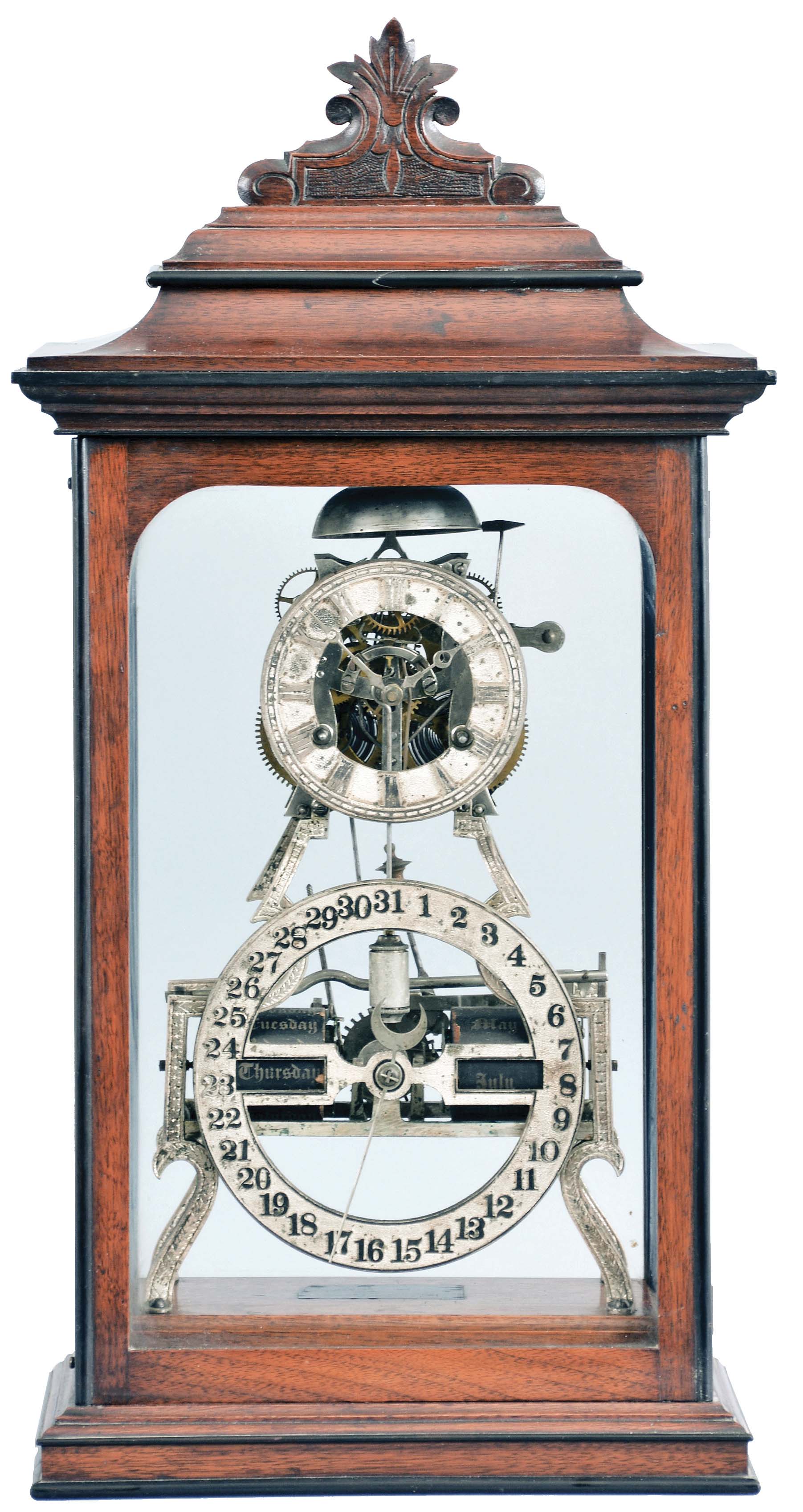 American, Ithaca Calendar Clock Co., "Box Skeleton" double dial perpetual calendar, with nickelled, skeletonized frame, and contained in a glazed, walnut case with ebonized moldings, from the collection of Dr. Hugh Grant Rowell at Dartmouth College. — Antique Clocks Price Guide