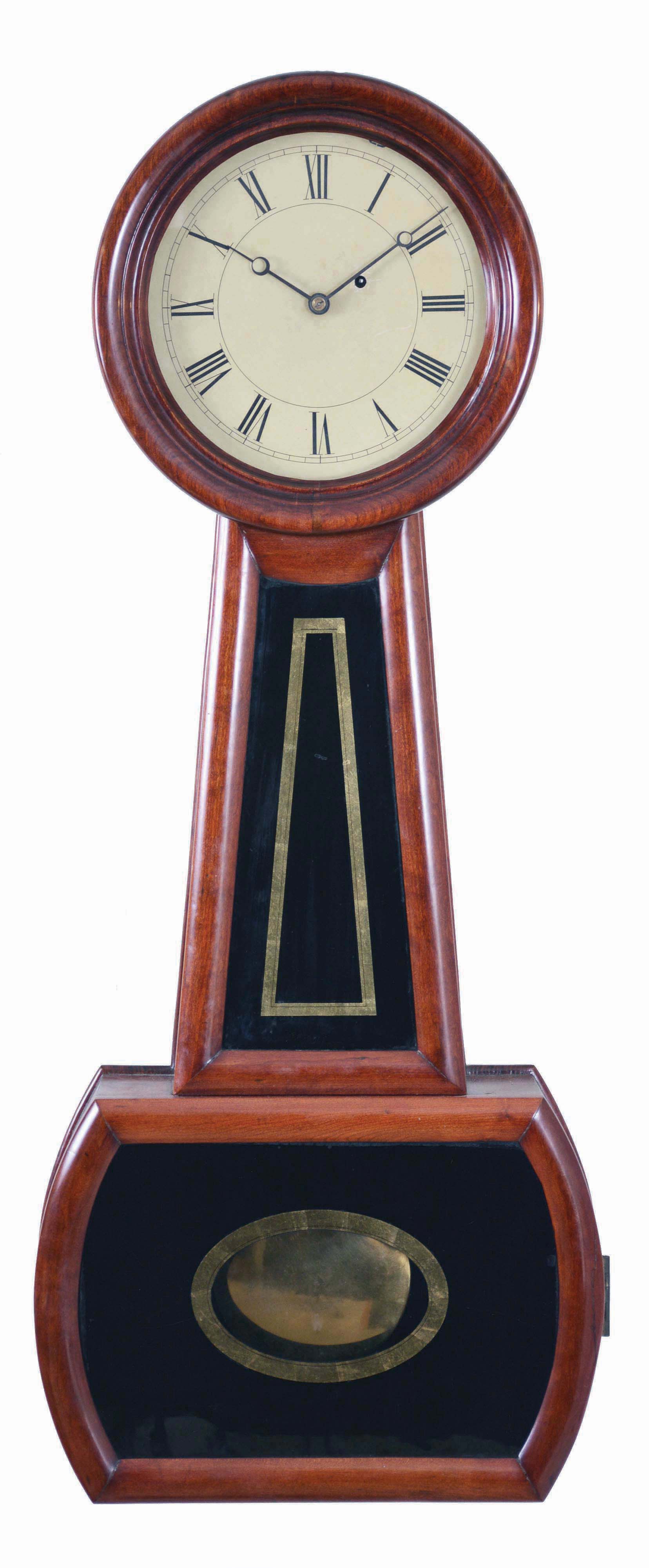 Howard &amp; Davis, Boston, Mass., "Regulator No. 2" banjo clock, 8 day, time only, weight driven movement in a cherry case with reverse painted throat and lower tablets and painted metal dial — Antique Clocks Price Guide
