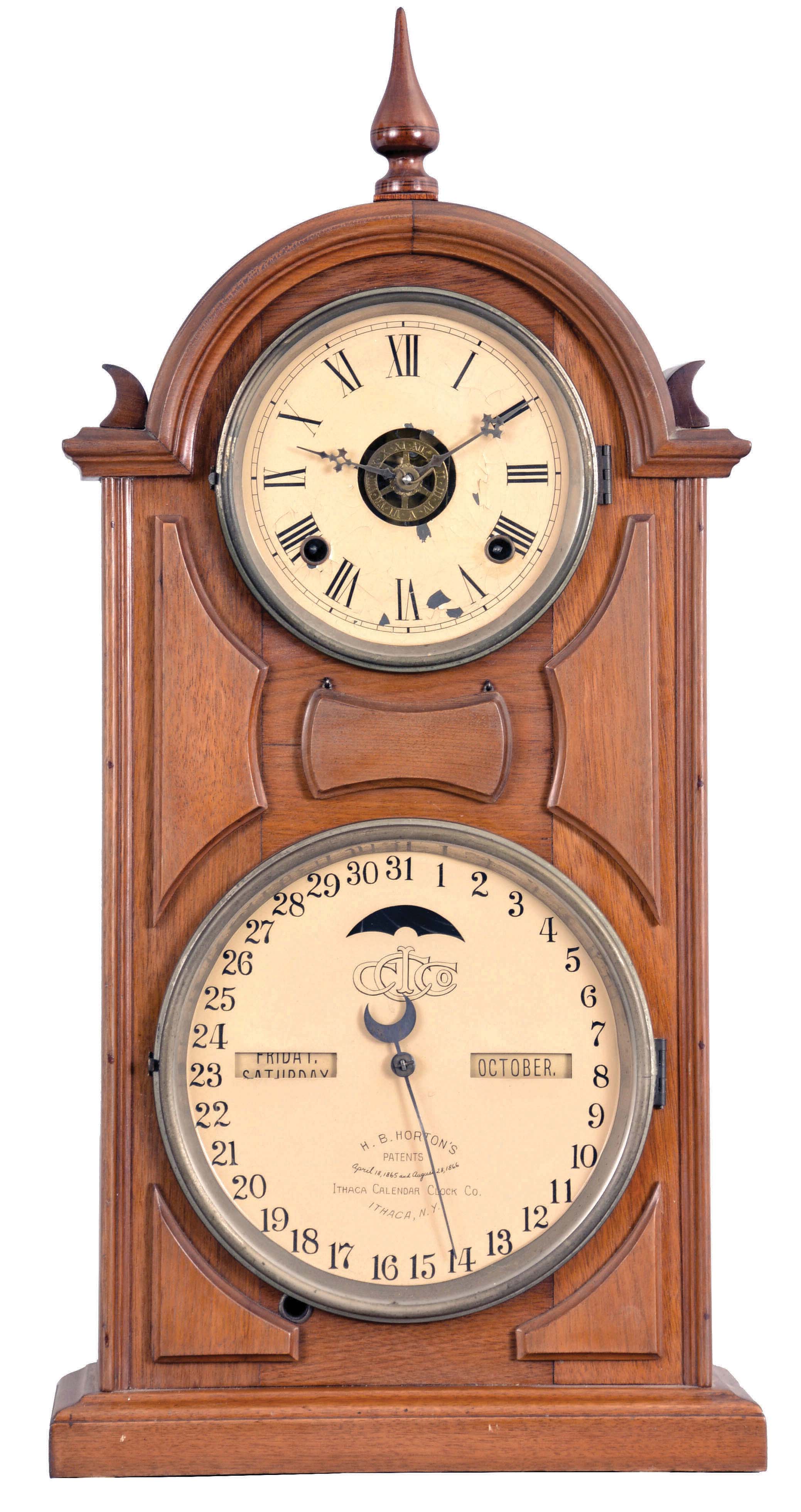 Ithaca Calendar Clock Co., Ithaca, New York, "No. 8 Shelf Library" double dial calendar clock with a spring driven, 8 day time, strike and alarm movement in a walnut case. — Antique Clocks Price Guide