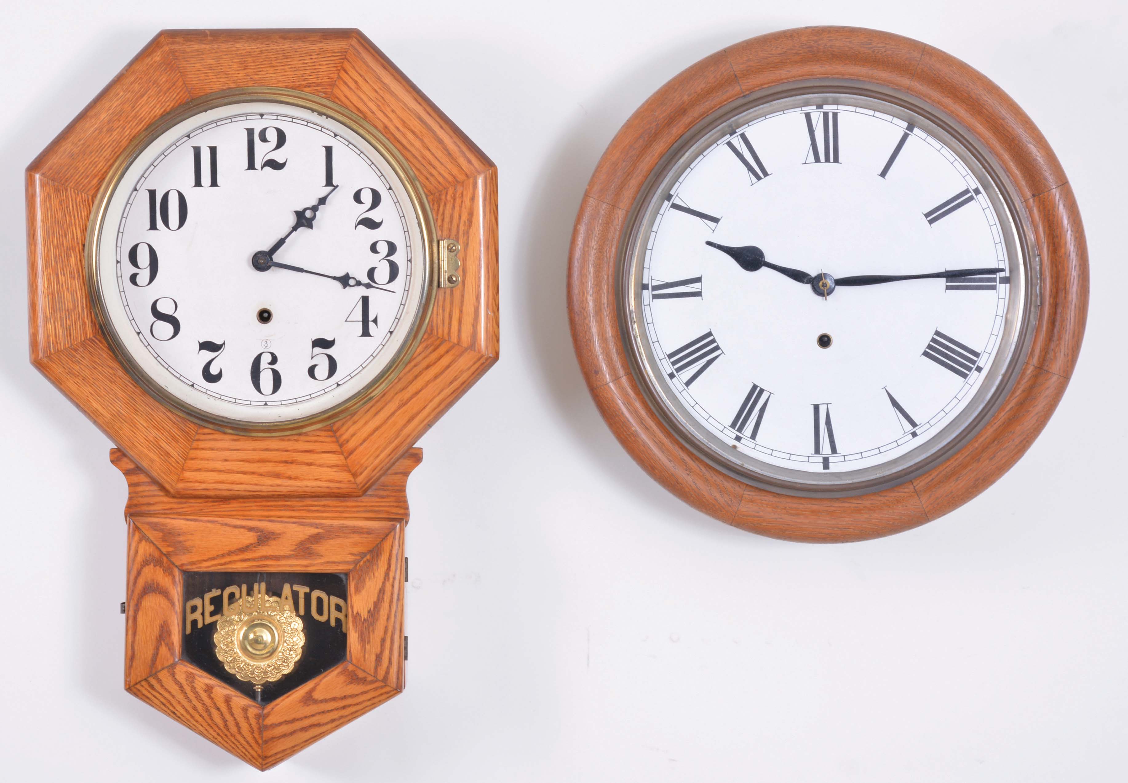 Clocks- 2 (Two): (1) Sessions Clock Co., Forestville, Conn., "Office", 8 day, spring brass movement wall timepiece, c1935; (2) Ansonia Clock Co., New York, 8 day, spring brass movement gallery timepiece, c1914. — Antique Clocks Price Guide