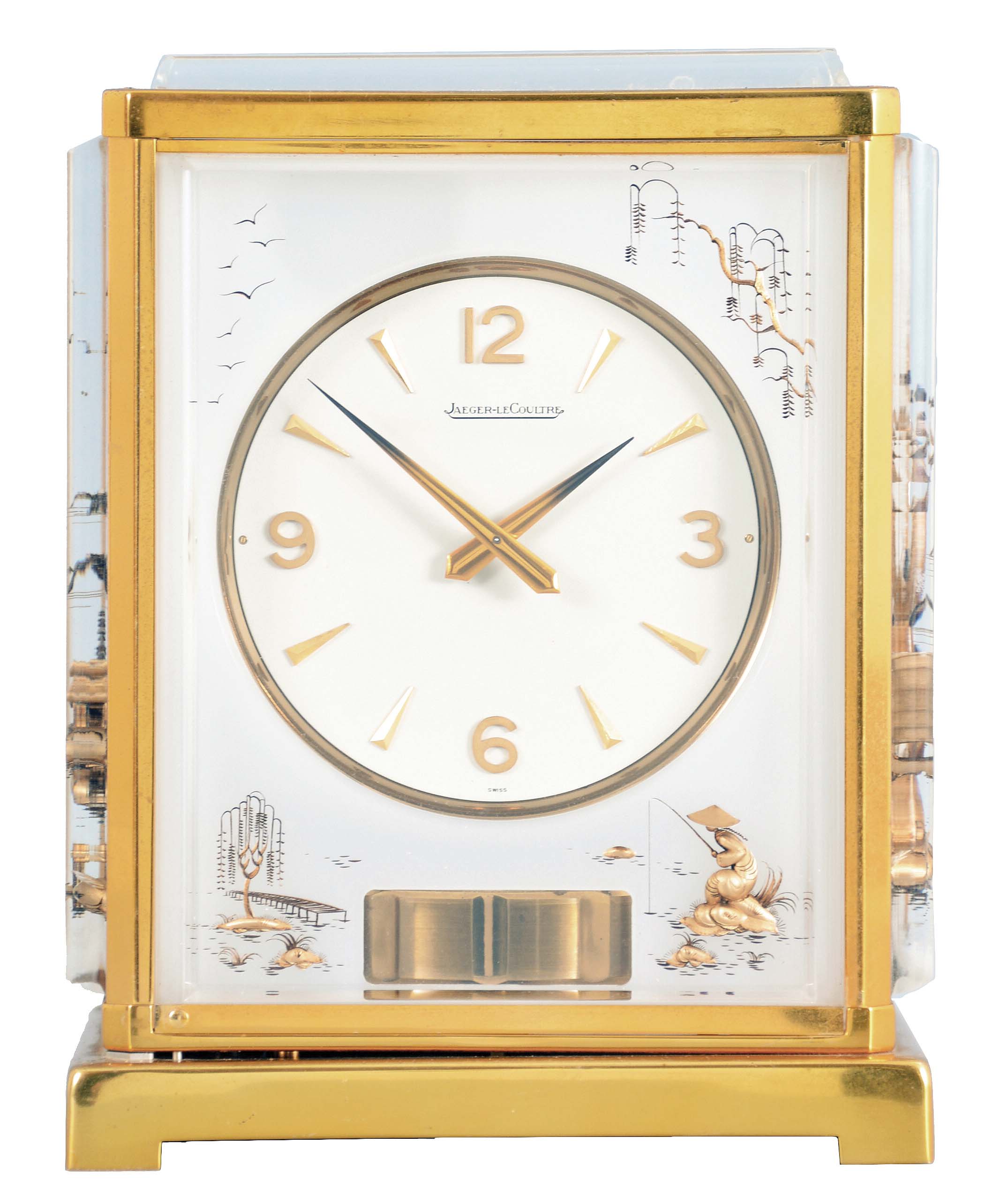 Jaeger- LeCoultre, Switzerland, similar to "Marina" model, but unsigned, Atmos clock, 526-5 caliber jeweled movement with lever escapement and torsion pendulum, movement serial number 120721 in a gilt case with frosted acrylic panels with gold Asian motifs, signed white dial, gilt numerals, gold hands with black tips over a rectangular aperture revealing the torsion pendulum, the jeweled movement with torsion pendulum and lever escapement. — Antique Clocks Price Guide