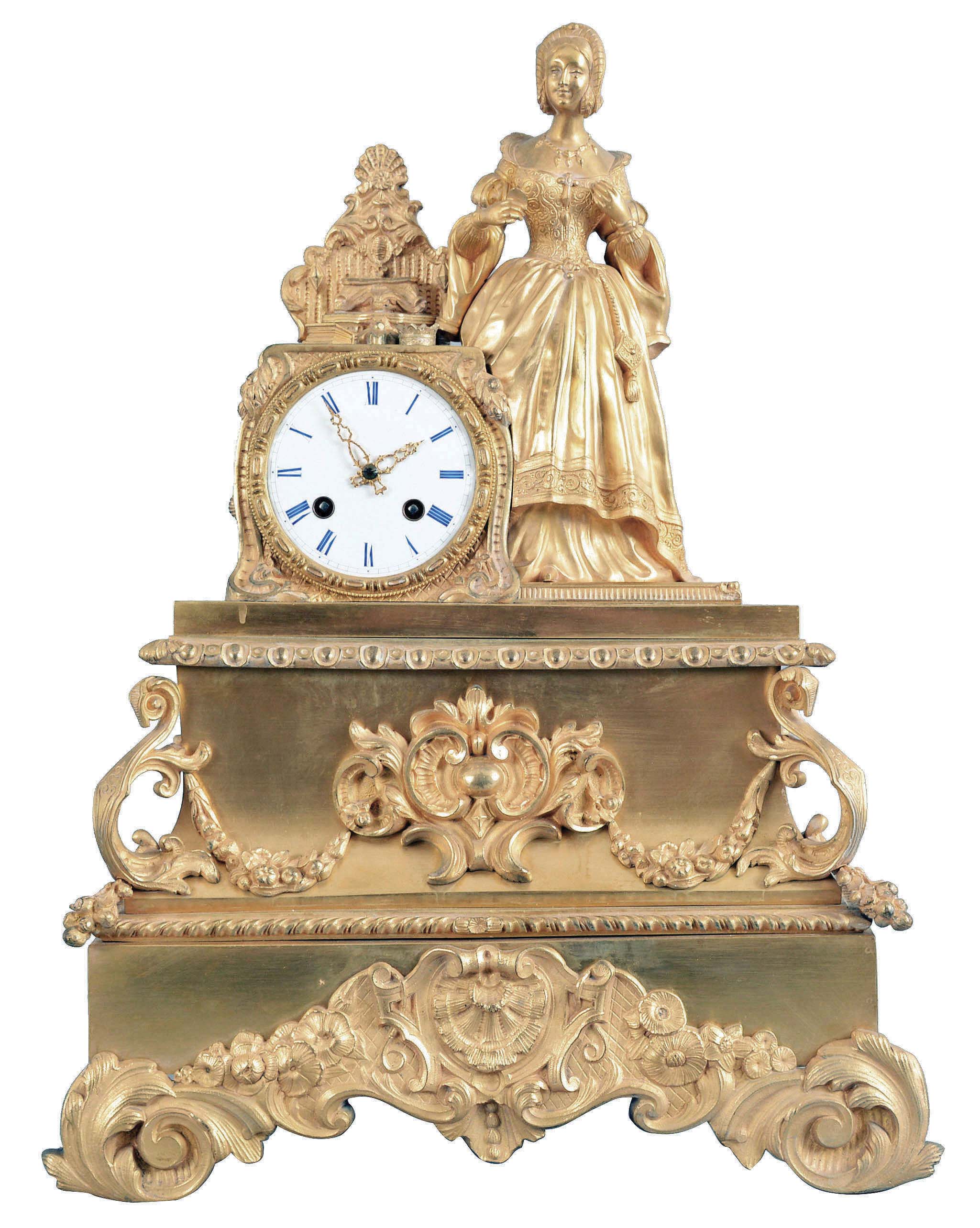Vincenti &amp; Cie, Paris, figural mantel clock, 8 day, time and strike, spring driven, pendule de Paris with a silk thread suspension in a gilt metal rococo case featuring a young woman beside her dressing table on which are assorted items, white enamel dial with blue Roman numerals and ornate hands. — Antique Clocks Price Guide