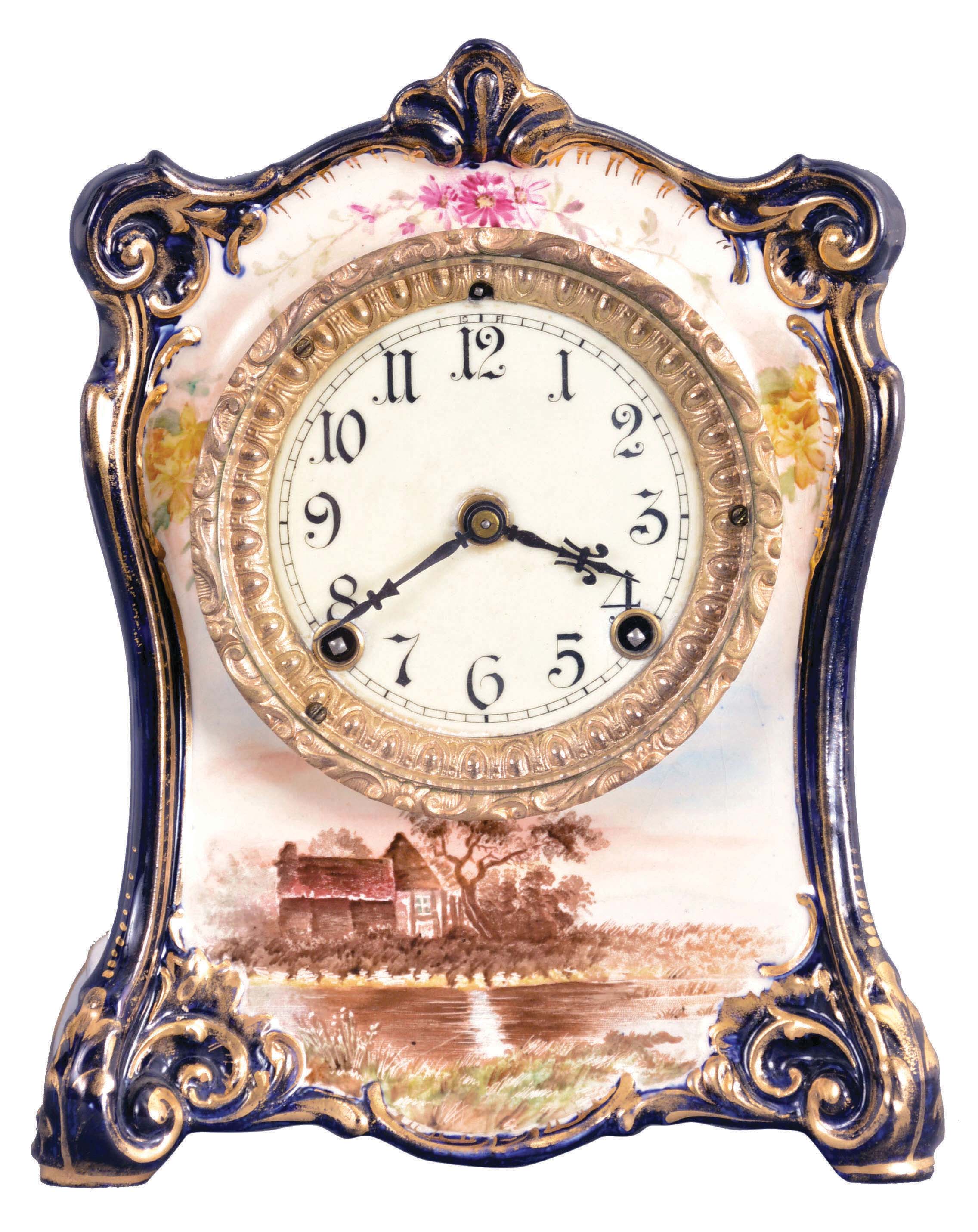 Ansonia Clock Co., New York, "La Cren" porcelain shelf clock with a spring driven, 8 day, time and strike movement in a Royal Bonn porcelain case. — Antique Clocks Price Guide