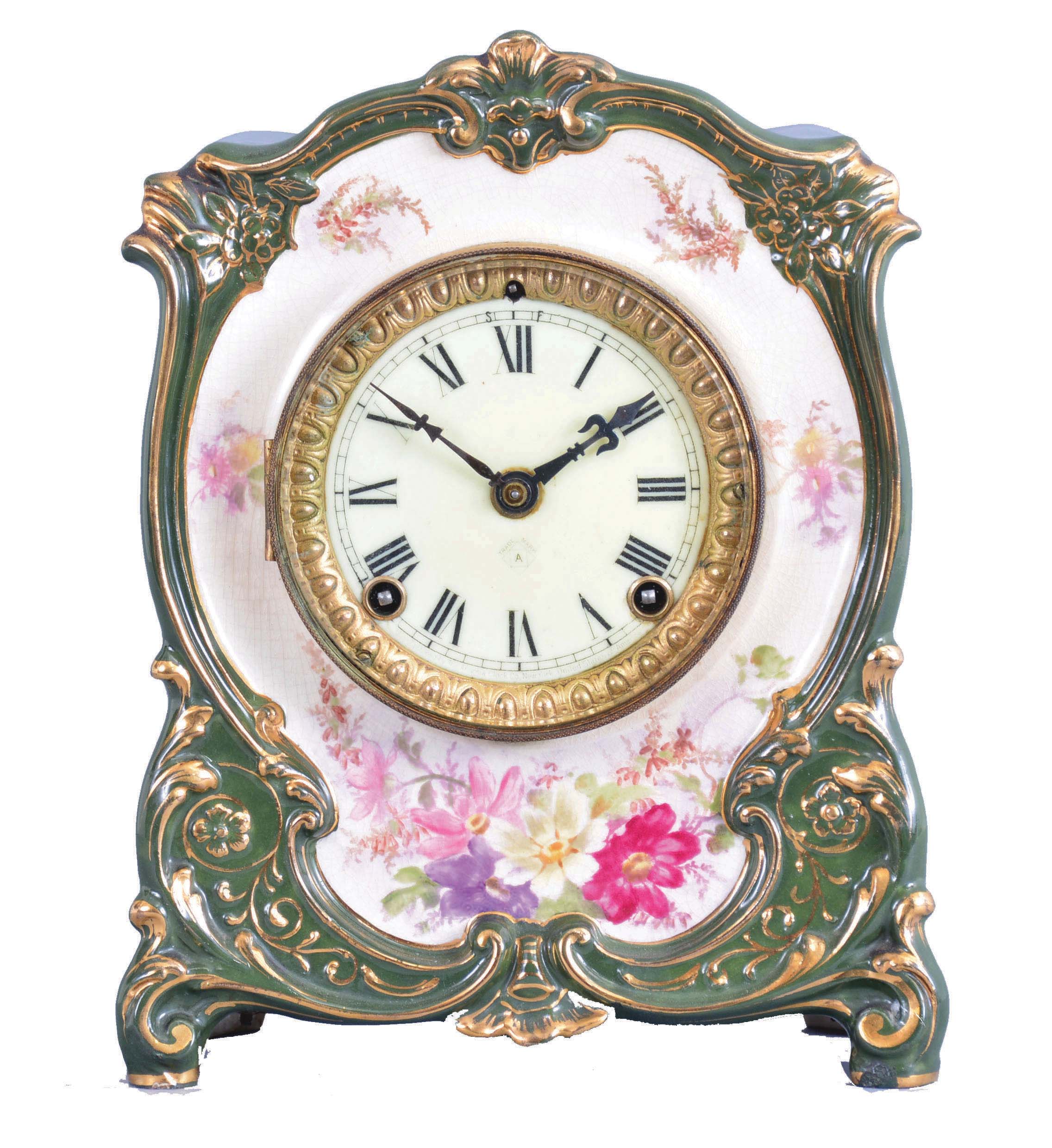 Ansonia Clock Co., New York, "La Tour", Royal Bonn, 8 day, time and strike, spring brass movement porcelain mantel clock. — Antique Clocks Price Guide