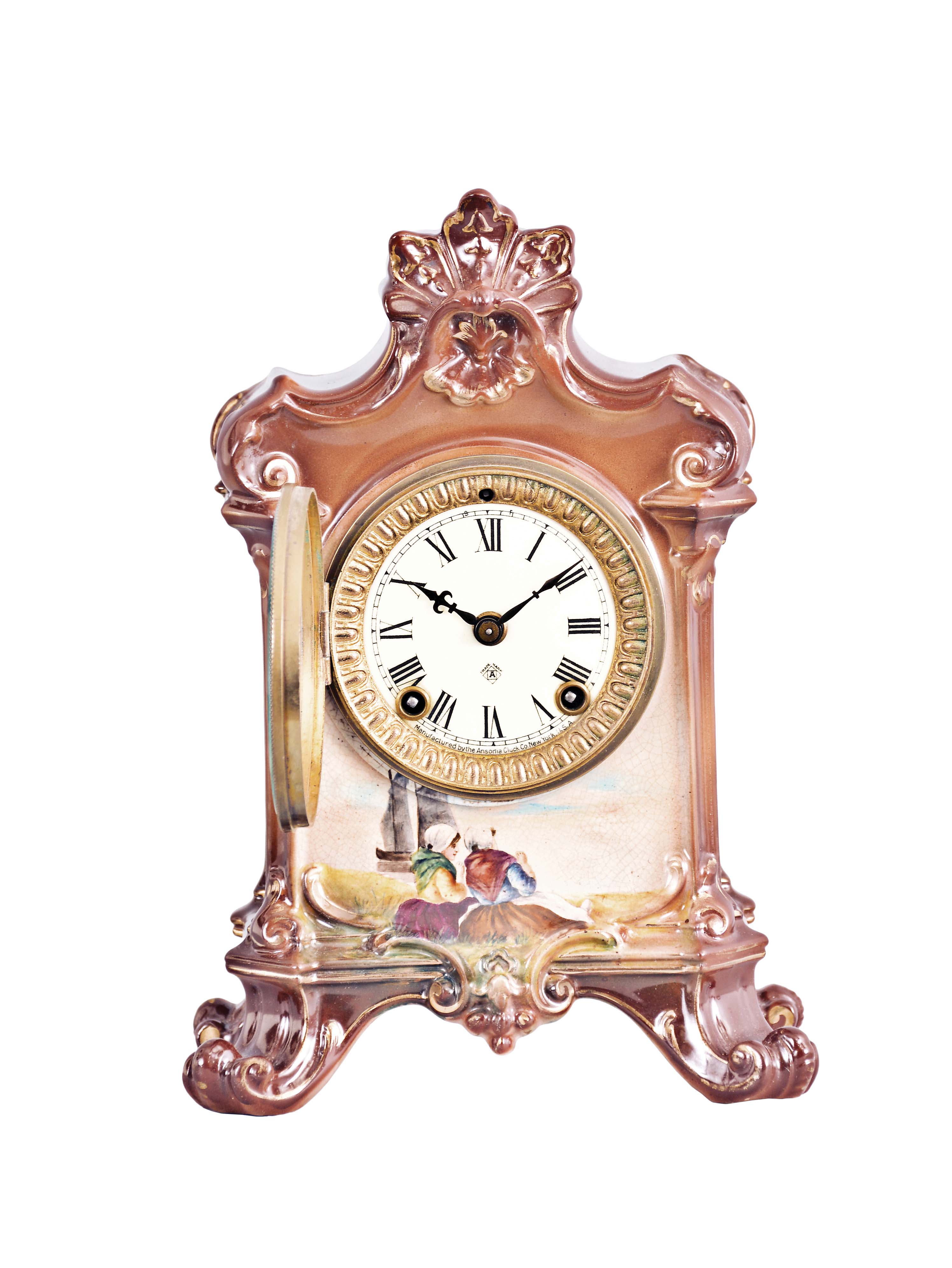 Ansonia Clock Co., New York, "La Salle", Royal Bonn, 8 day, time and strike, spring brass movement porcelain mantel clock. — Antique Clocks Price Guide