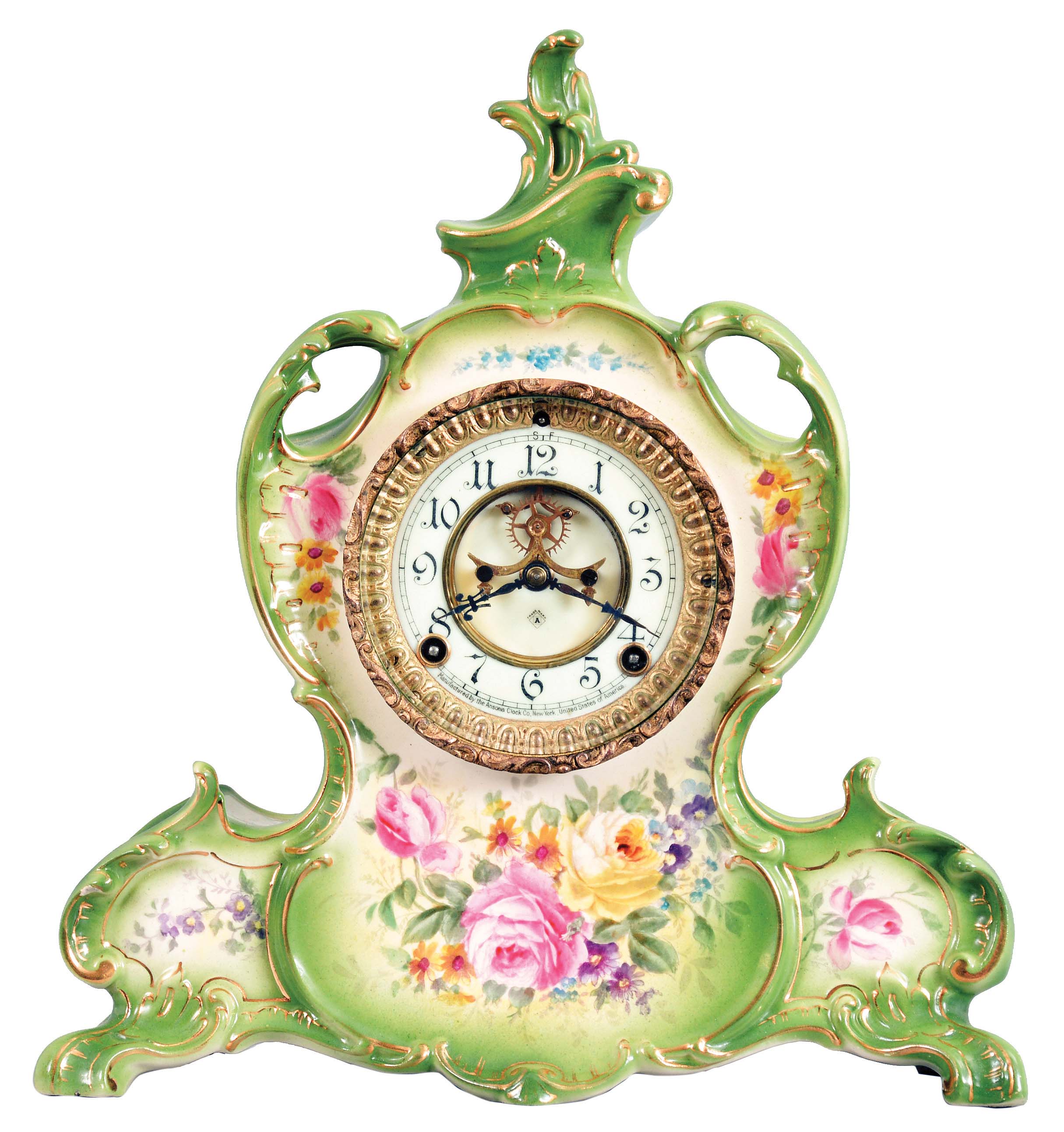 Ansonia Clock Co., New York, "La Vendee", 8 day, time and strike, spring brass movement porcelain mantel clock. — Antique Clocks Price Guide
