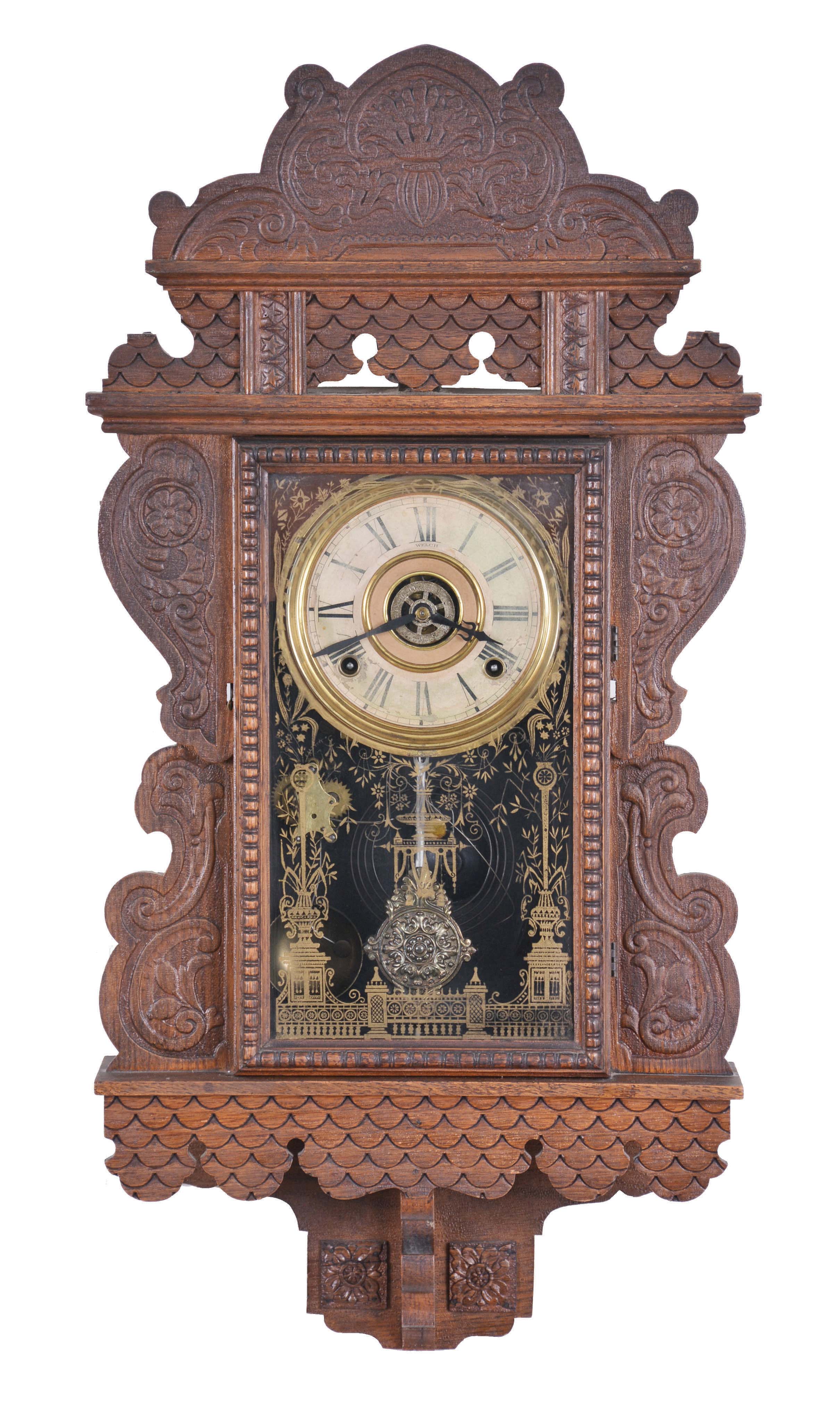 E. N. Welch Mfg. Co., Forestville Conn., "Eclipse", 8 day, time and strike, spring brass movement wall clock. This clock was made for the "American Wringer Co." to be sold as a premium for buying their products. — Antique Clocks Price Guide