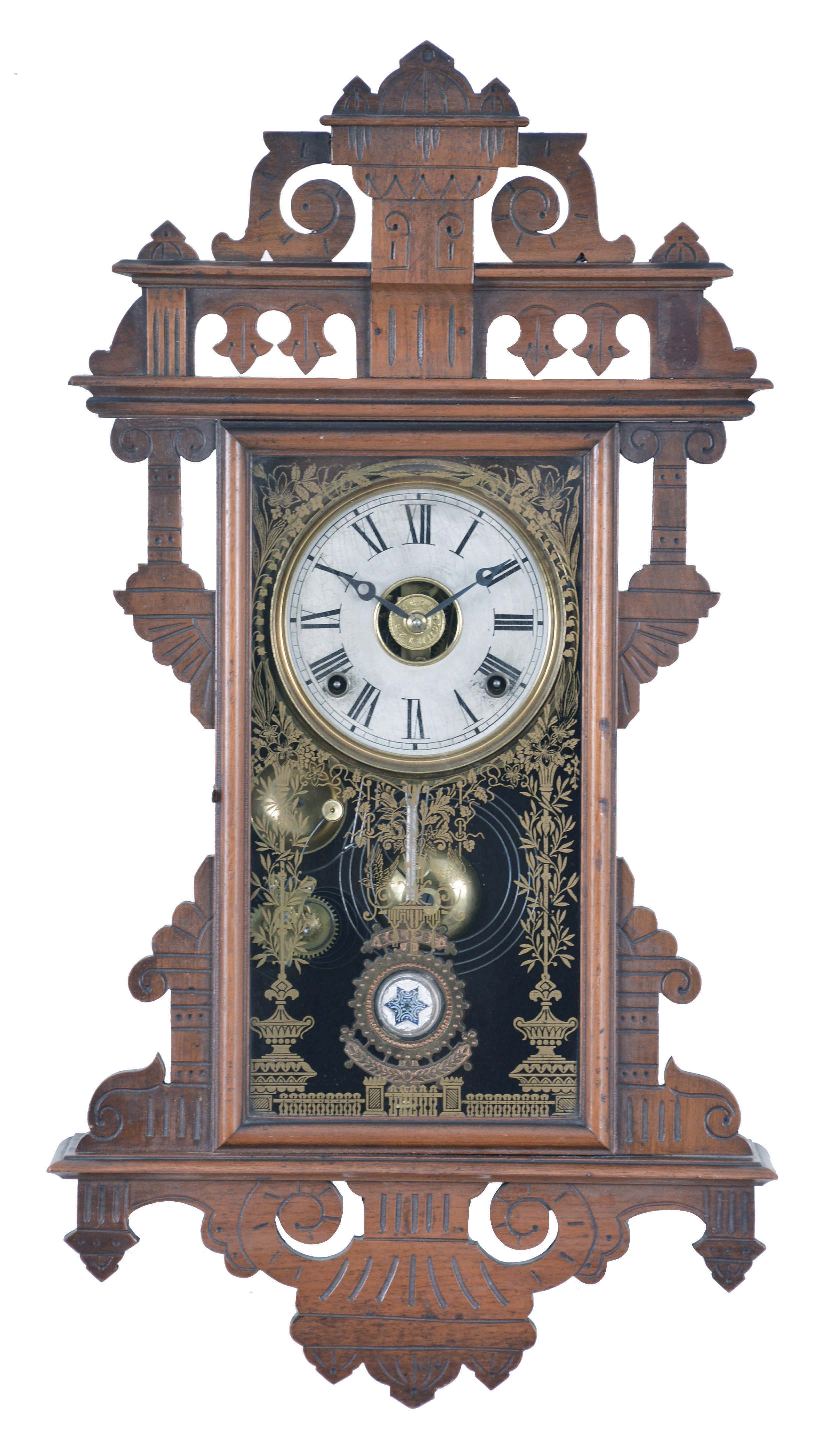 E. N. Welch Mfg. Co., Forestville, Conn., "Eclipse", 8 day, time, strike and alarm spring brass movement wall clock. — Antique Clocks Price Guide