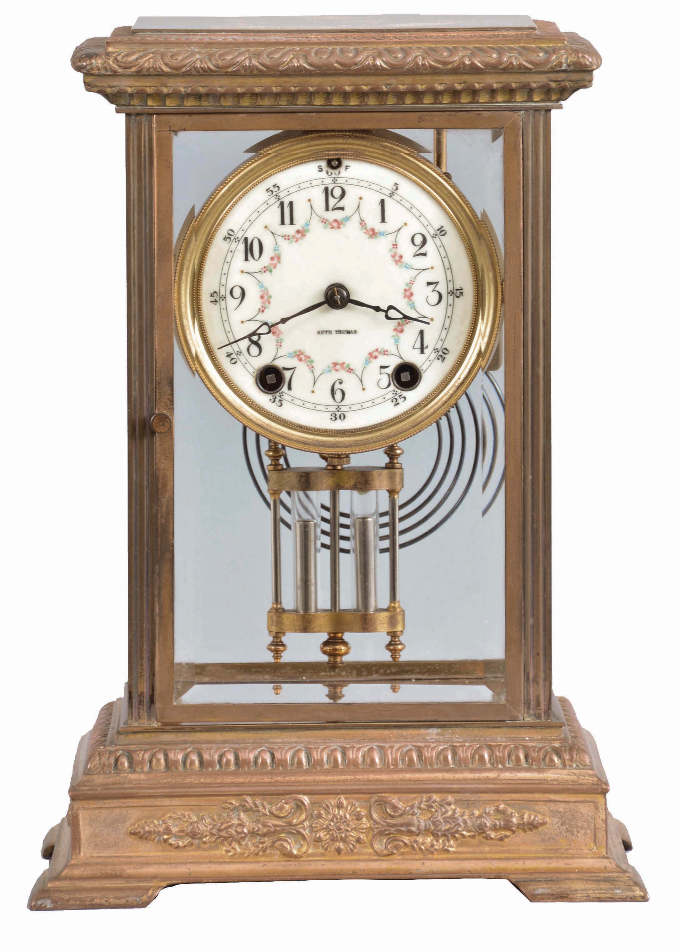 Seth Thomas Clock Co., Thomaston, Conn., "Empire No. 18", 8 day, time and strike, spring brass movement crystal regulator mantel clock. — Antique Clocks Price Guide