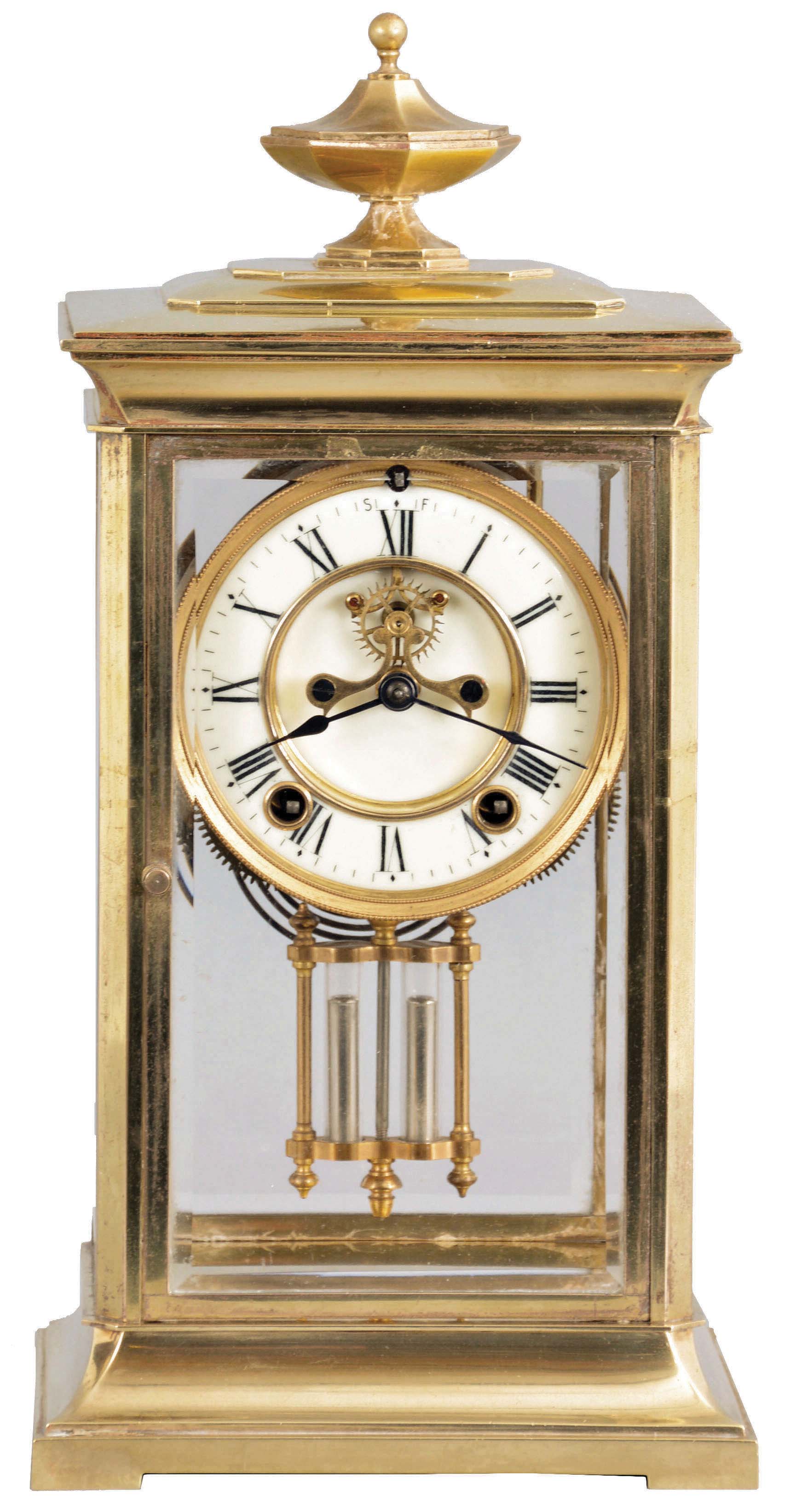 Ansonia Clock Co., New York, "Oriel", 8 day, time and strike, spring brass movement crystal regulator mantel clock. — Antique Clocks Price Guide