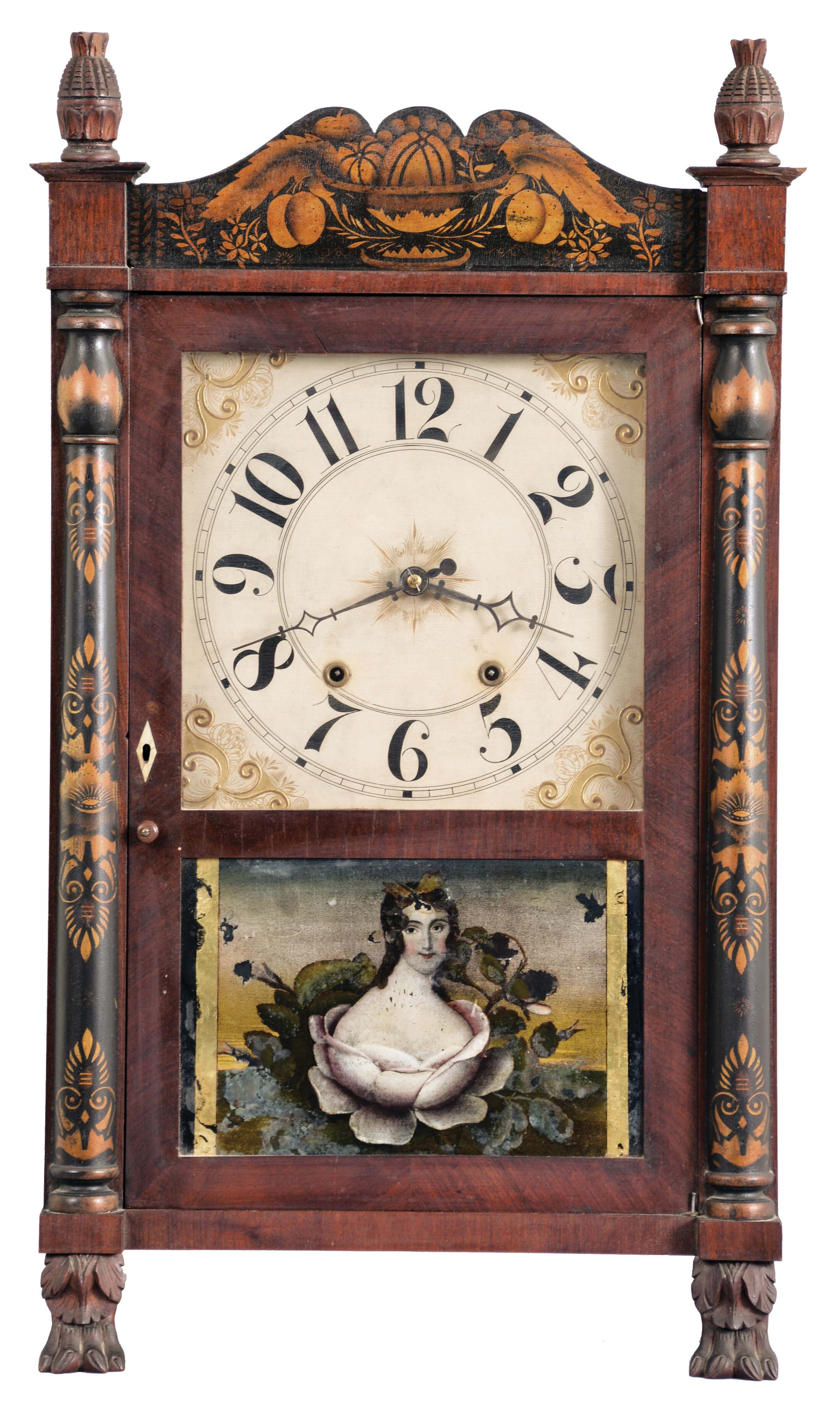 Riley Whiting, Winchester, Conn., 30 hour, time and strike, weight wood movement half column &amp; splat shelf clock. — Antique Clocks Price Guide