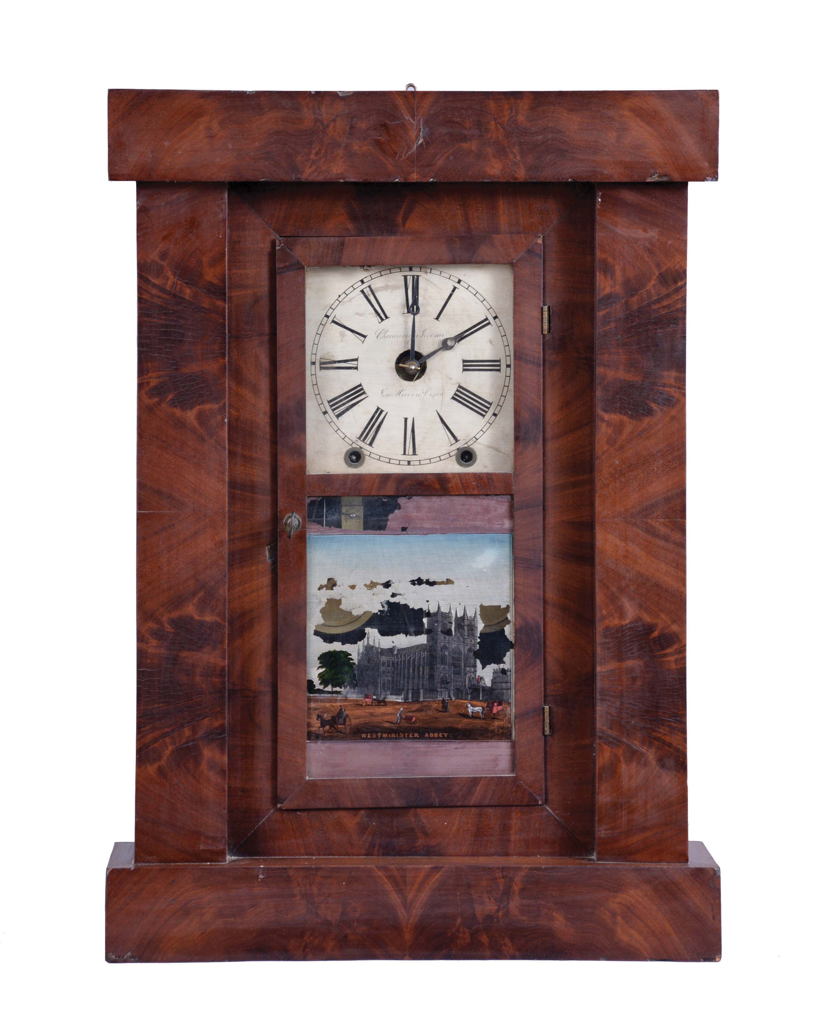 Chauncey Jerome, New Haven, Conn., 8 day, time and strike, spring brass fusee movement flat front empire shelf clock. — Antique Clocks Price Guide