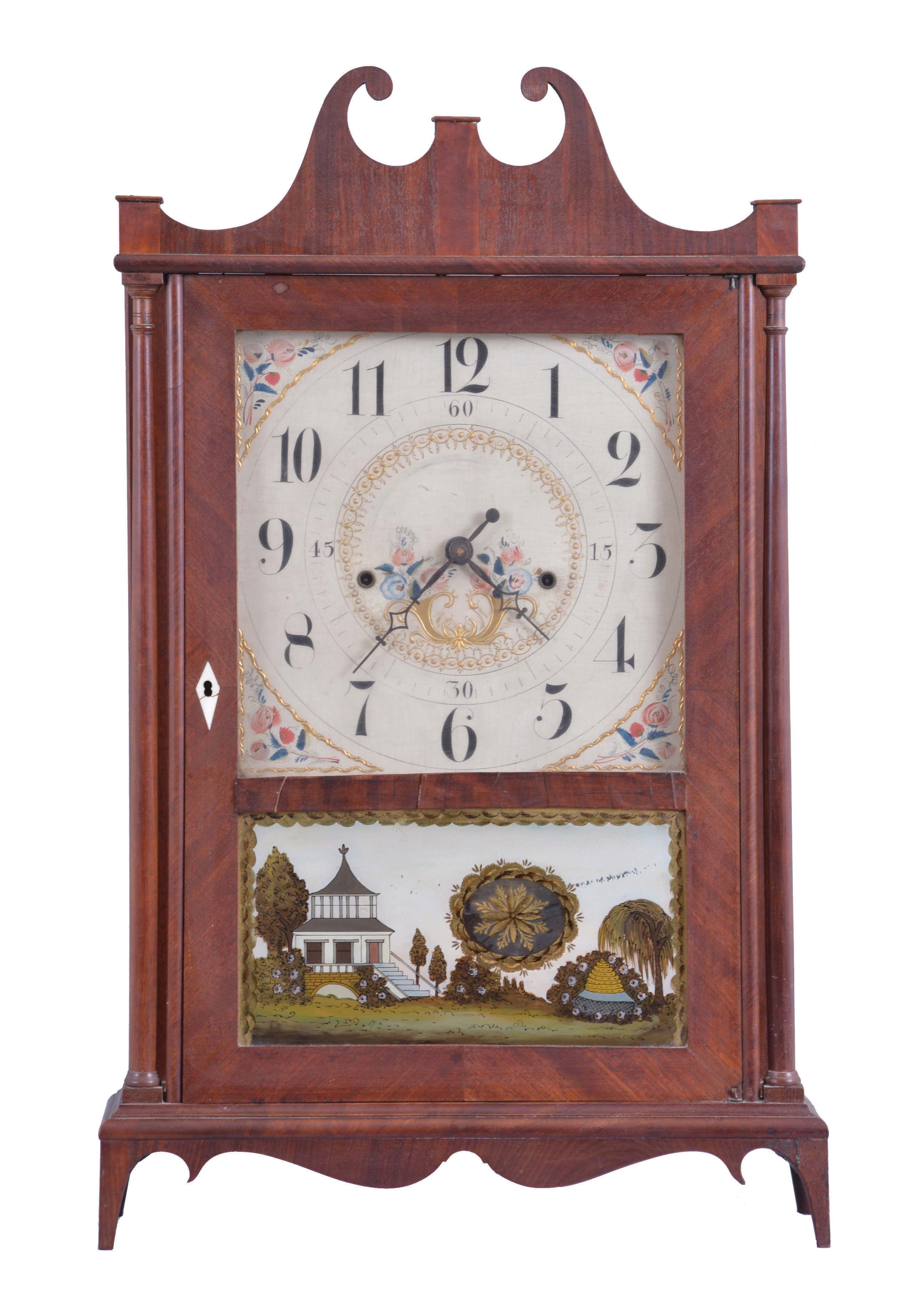 Seth Thomas, Plymouth, Conn., 30 hour, time and strike, weight wood movement off-center pillar &amp; scroll shelf clock. — Antique Clocks Price Guide