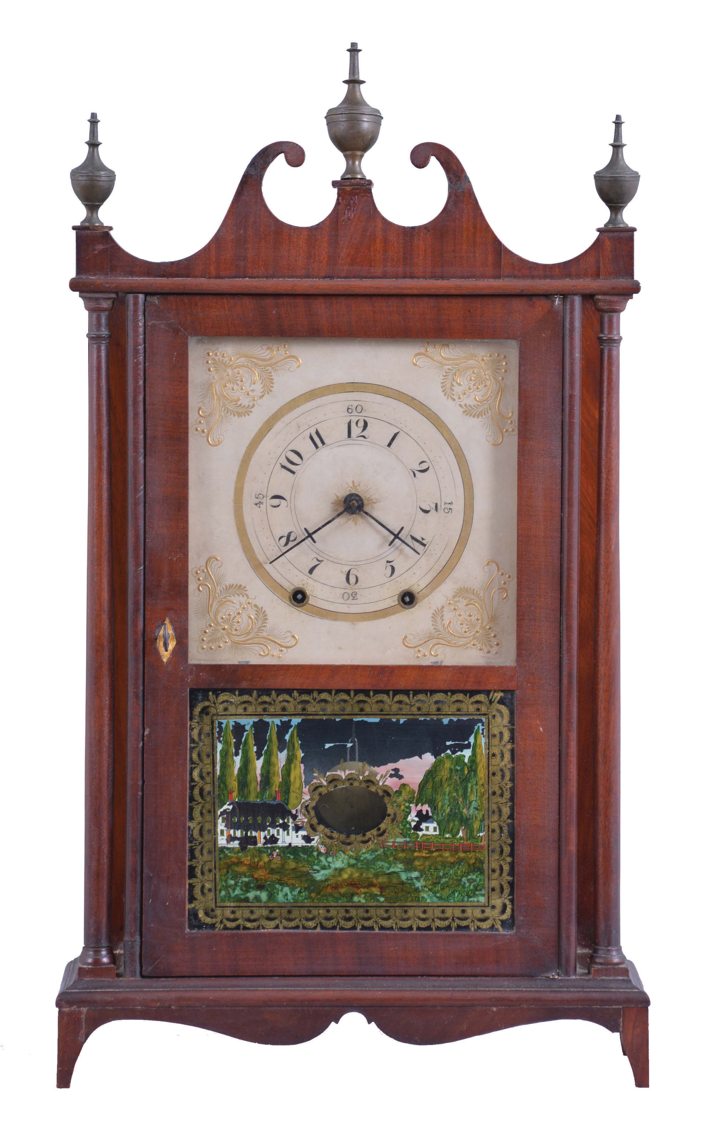 Mark Leavenworth, Waterbury, Conn., 30 hour, time and strike, weight driven, wood movement miniature pillar &amp; scroll shelf clock. — Antique Clocks Price Guide