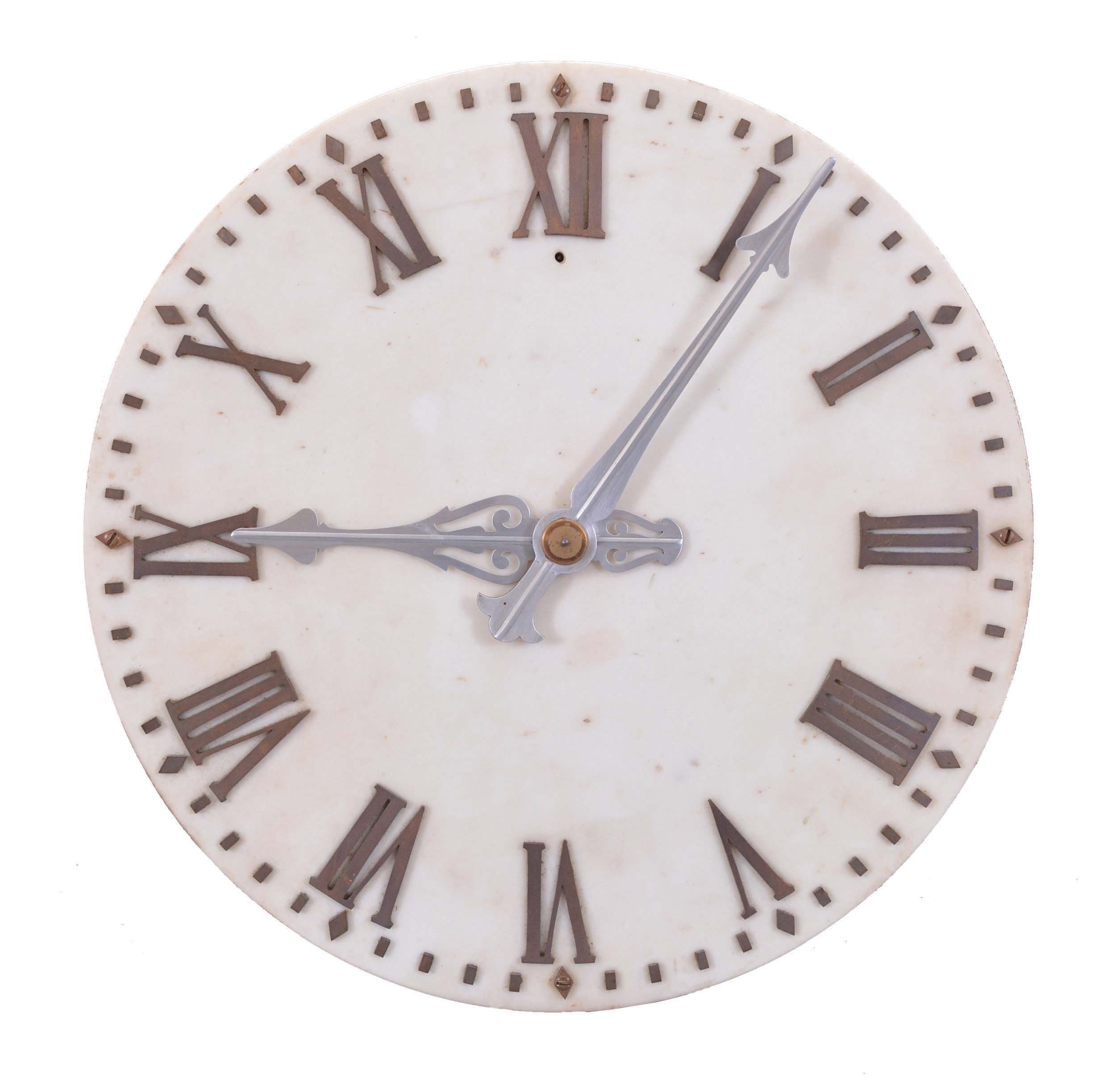 Clocks- 2 (Two) Wall Clocks: (1) Self Winding Clock Co., New York, "Marble Dial Clock" electrically wound 18 inch gallery wall clock with primary movement, white marble dial with raised bronze Roman numerals, aluminum hands, brass pendulum bob, wood stick, wires, battery holders, all inside the round wood box housing the movement; (2) Self Winding Clock Co., New York, square gallery clock with primary movement, open seconds bit, 14 inch signed metal dial, brass pendulum, wood stick, wires, battery holders in a mahogany case. — Antique Clocks Price Guide