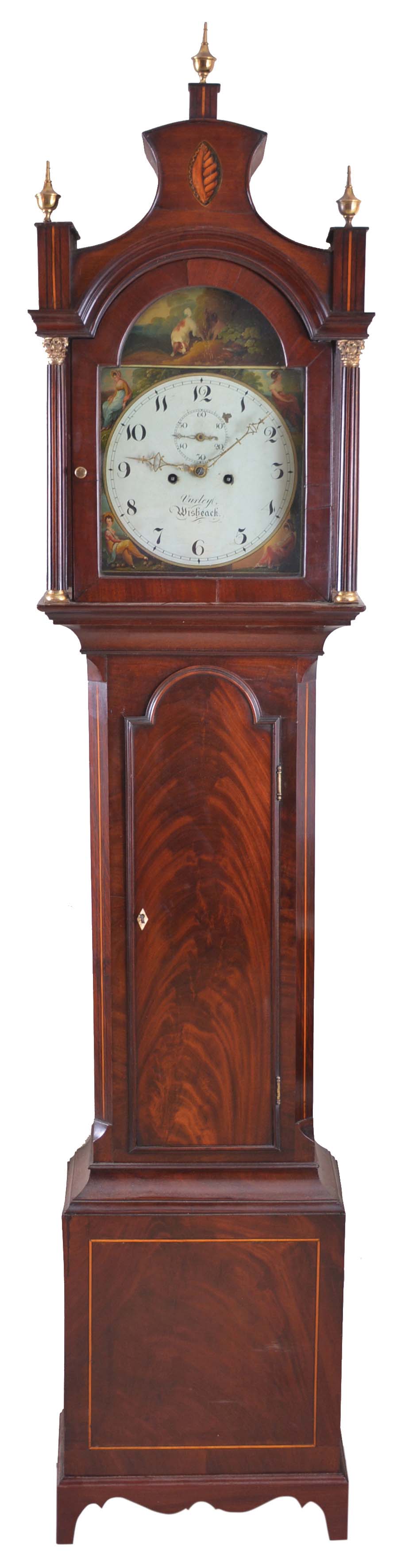 Thomas Vurleyl, Wisbeack, England, tall case clock, 8 day, time and bell strike, weight driven movement, c. 1840, in a c. 1780 string inlaid mahogany case with pagoda top, brass finials, crotch mahogany trunk door, fluted columns flanking hood. — Antique Clocks Price Guide