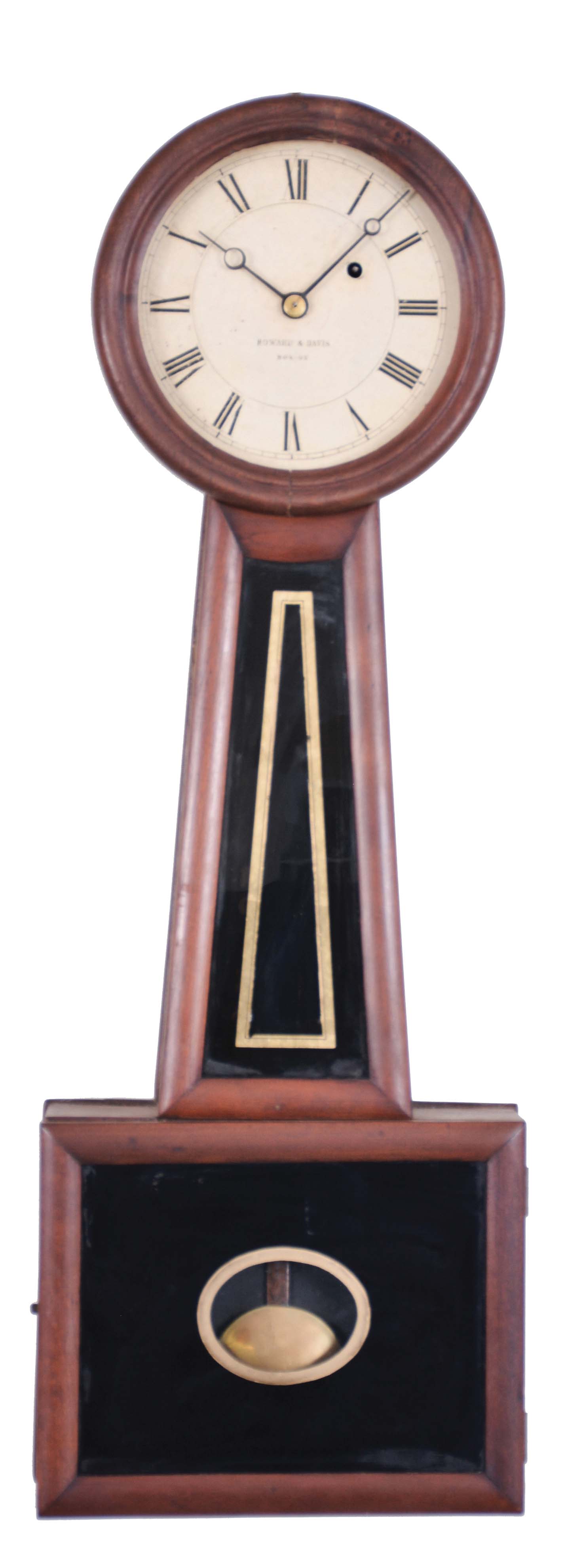 Howard &amp; Davis, Boston, Massachusetts Wall Regulator (No. 5 size), the cherry case with turned wooden bezel over the roman numeral zinc and printed paper dial signed "Howard &amp; Davis/Boston", half round frames holding the black and gold glasses, the lower rectangular box glass with oval pendulum aperture, eight day time- only brass, weight powered movement with recoil escapement, regulated by a wooden pendulum rod and brass faced bob with blued-steel moon hands. — Antique Clocks Price Guide