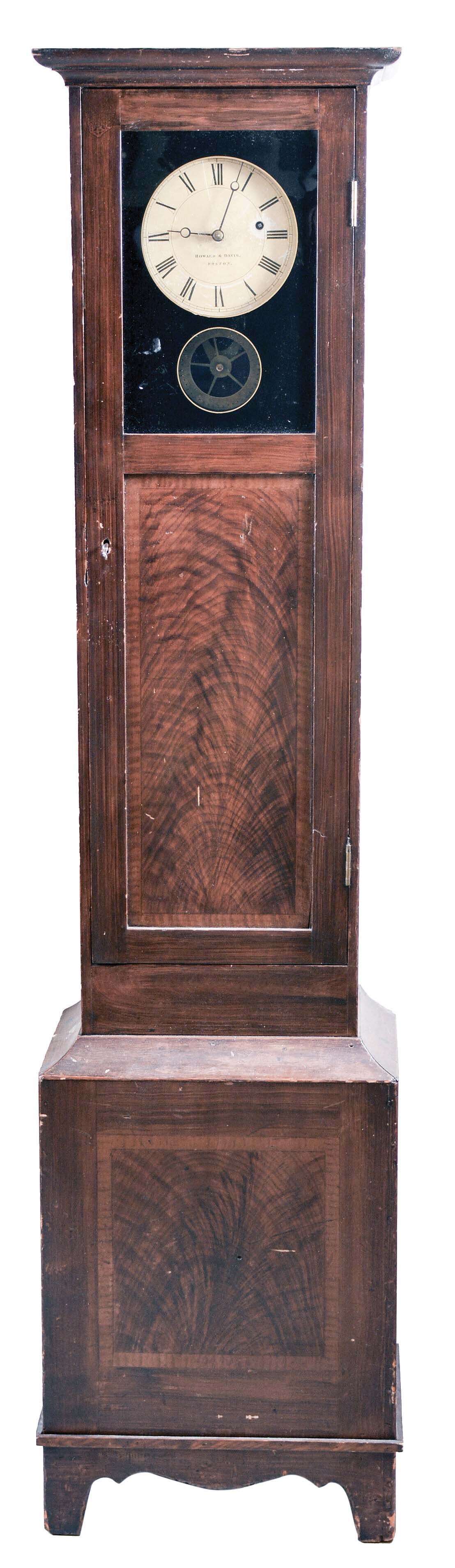 Howard &amp; Davis, Boston, Mass., "Watch-Clock", watchman's tall case clock, 8 day, time only, weight driven movement adapted to run subsidiary watchman's check-in stations in a rosewood grain painted case with a paper over metal dial — Antique Clocks Price Guide