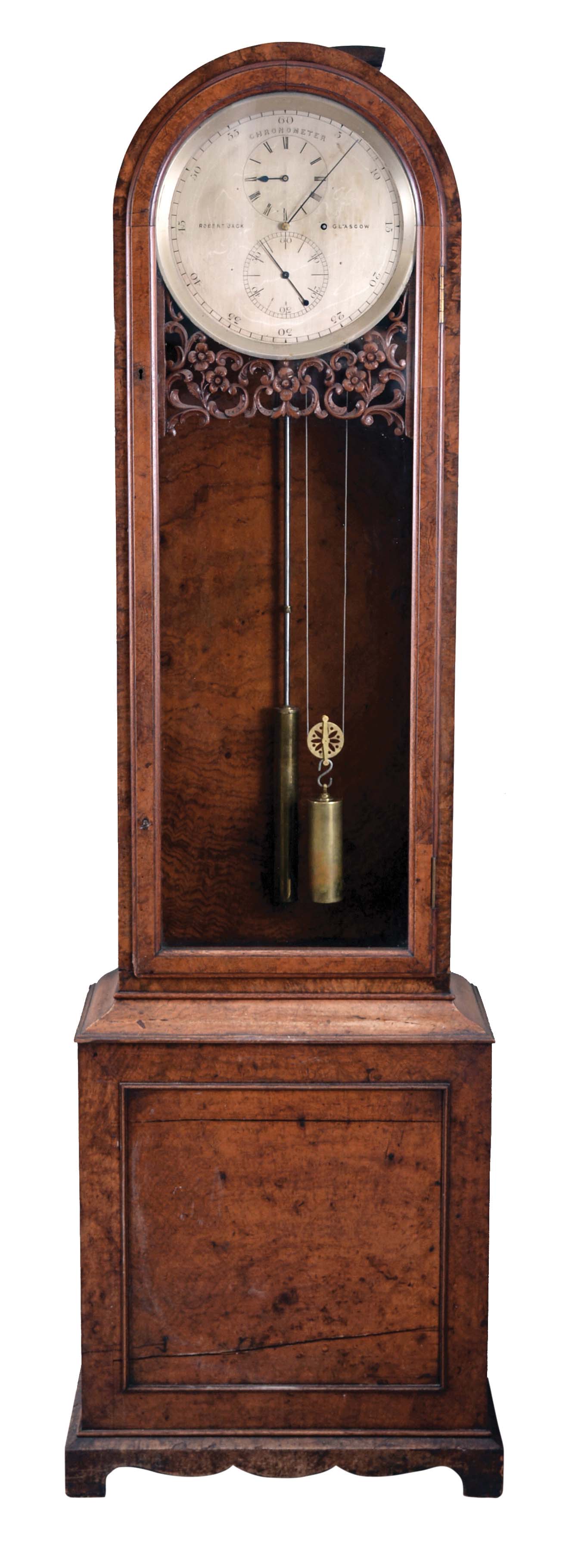 Robert Jack, Glasgow, Scotland, astronomical standing regulator, 8 day, time only, weight driven movement in a burl walnut veneered case with carved floral fretwork below silvered dial with maker's signature — Antique Clocks Price Guide