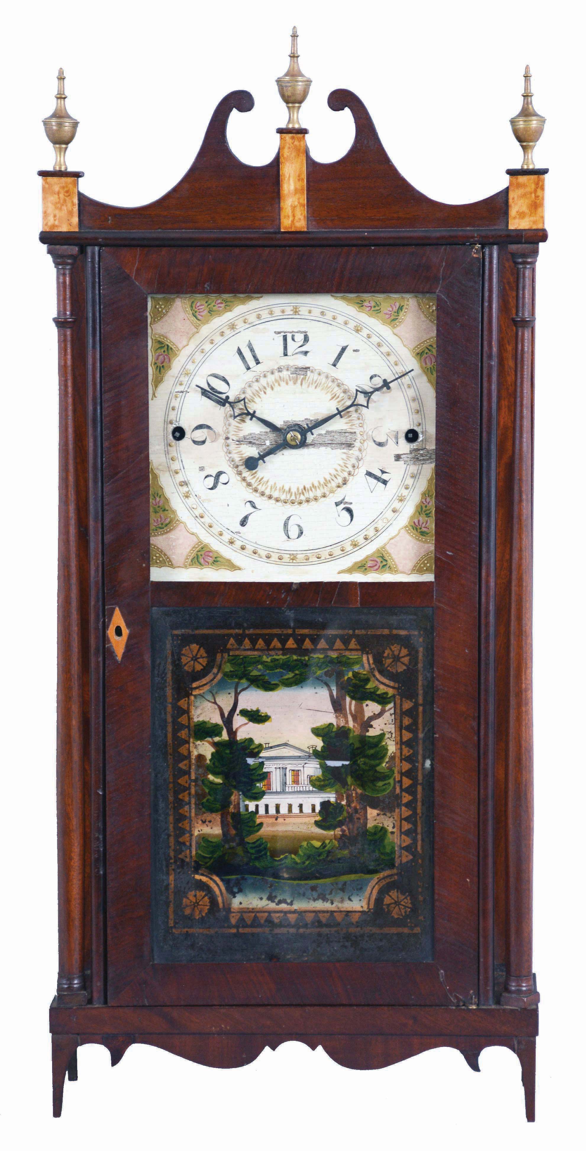 Erastus Hodges, Torrington, Conn., 30 hour, time and strike, weight wood movement pillar &amp; scroll shelf clock. — Antique Clocks Price Guide