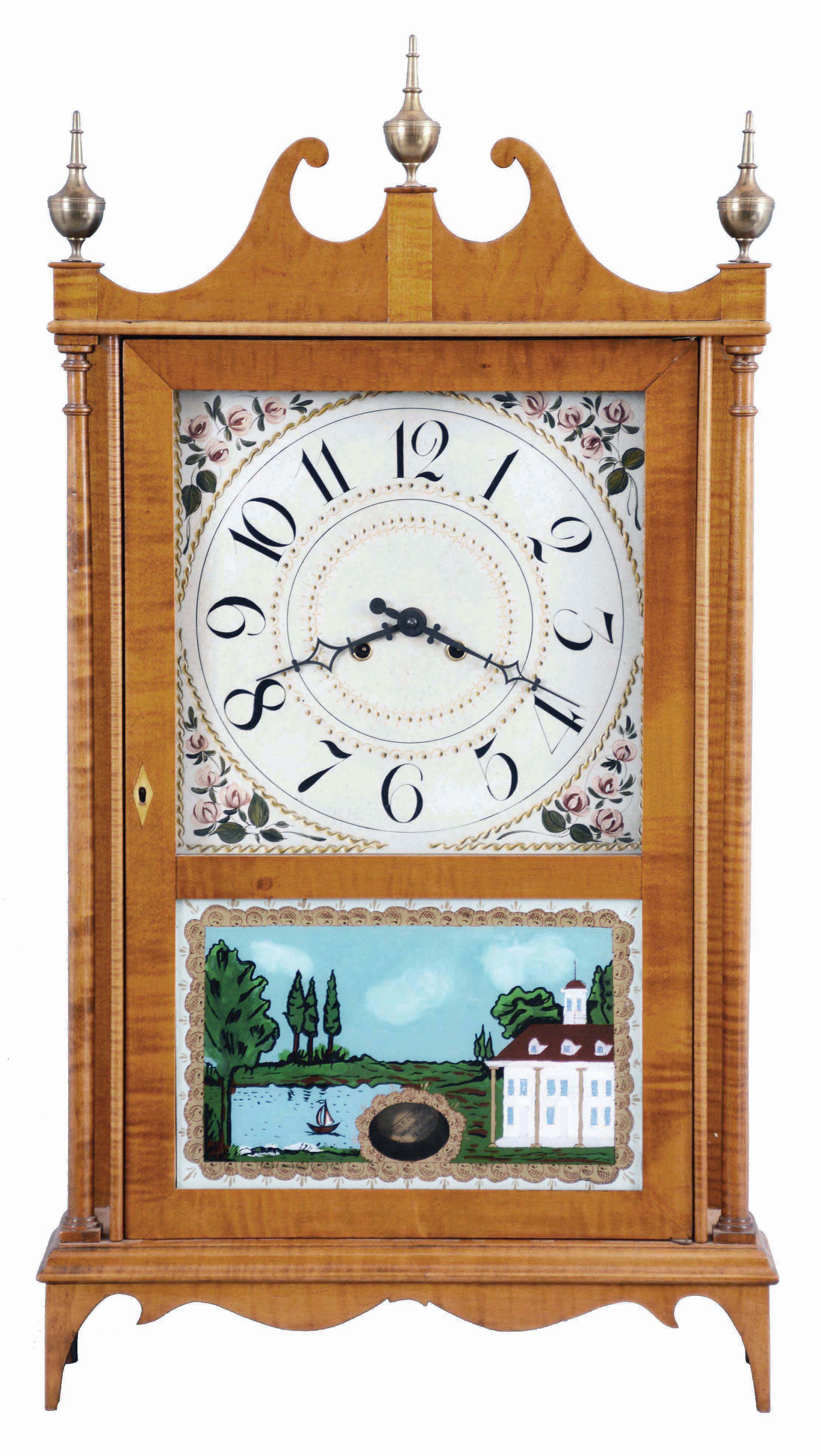 Unknown, 8 day, time and strike, spring brass movement reproduction curly maple pillar &amp; scroll shelf clock. — Antique Clocks Price Guide